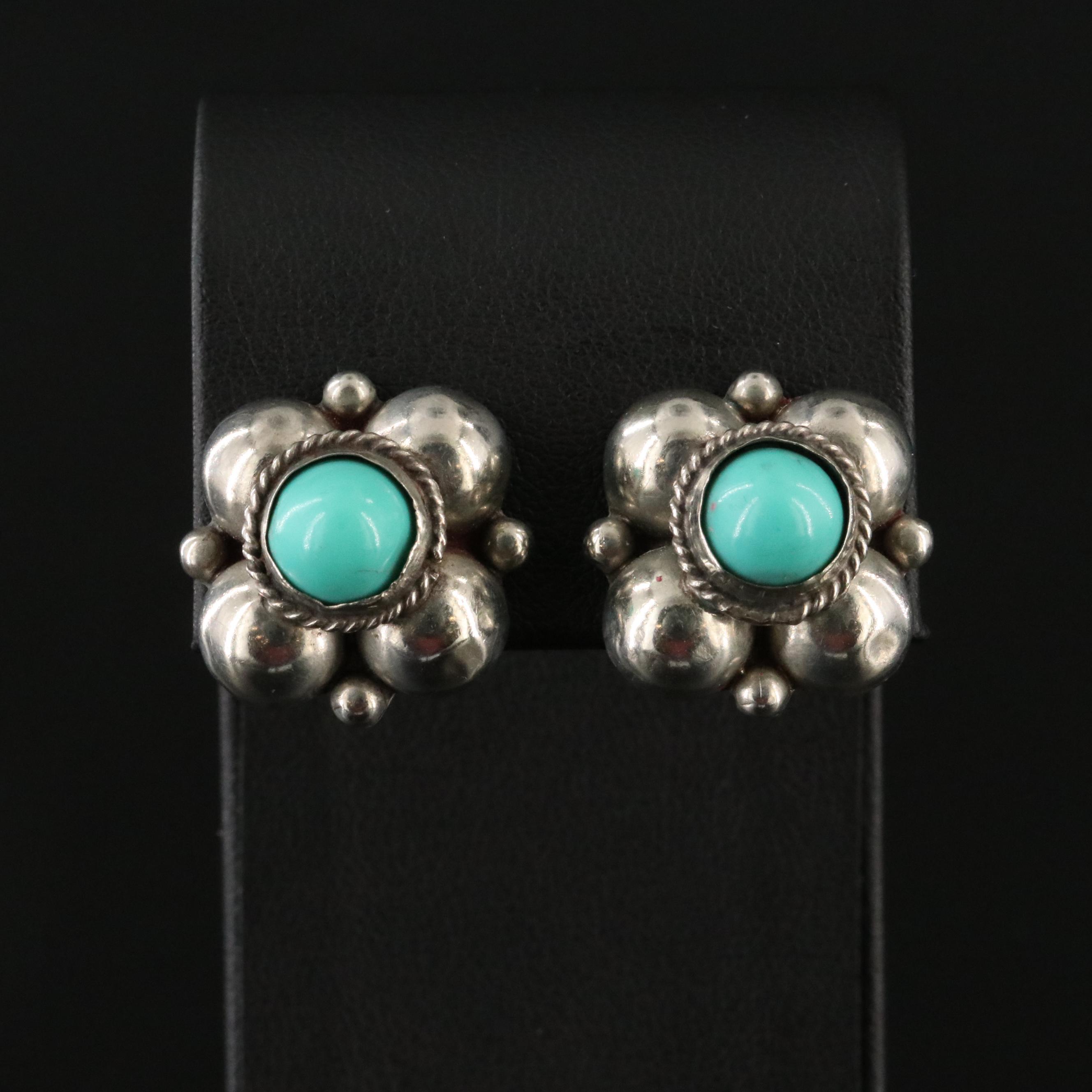 Mexican Sterling Faux Turquoise Button Non Pierced Earrings
