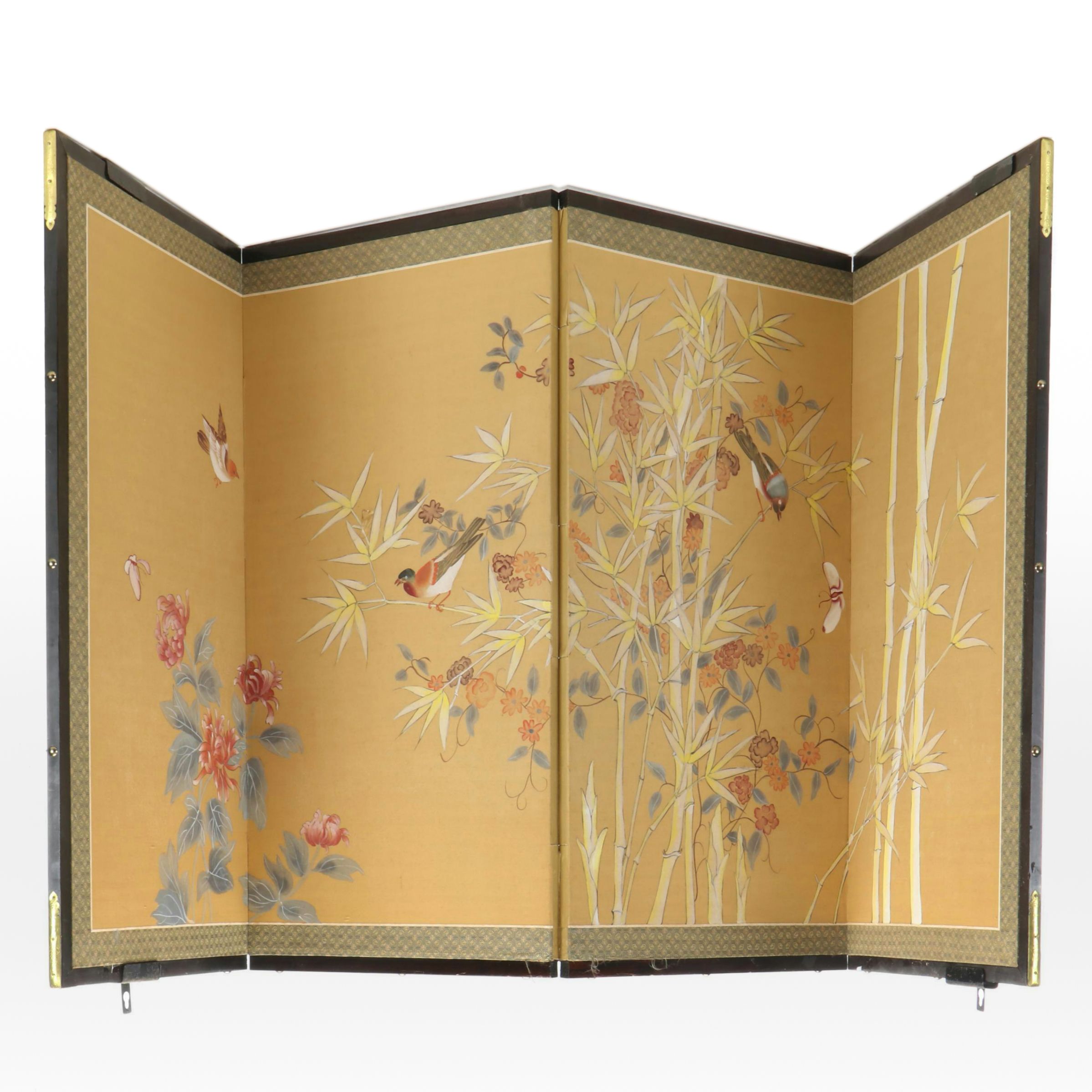 Japanese Four-Panel Painted Silk Byobu Screen with Bamboo, Birds and Butterfly