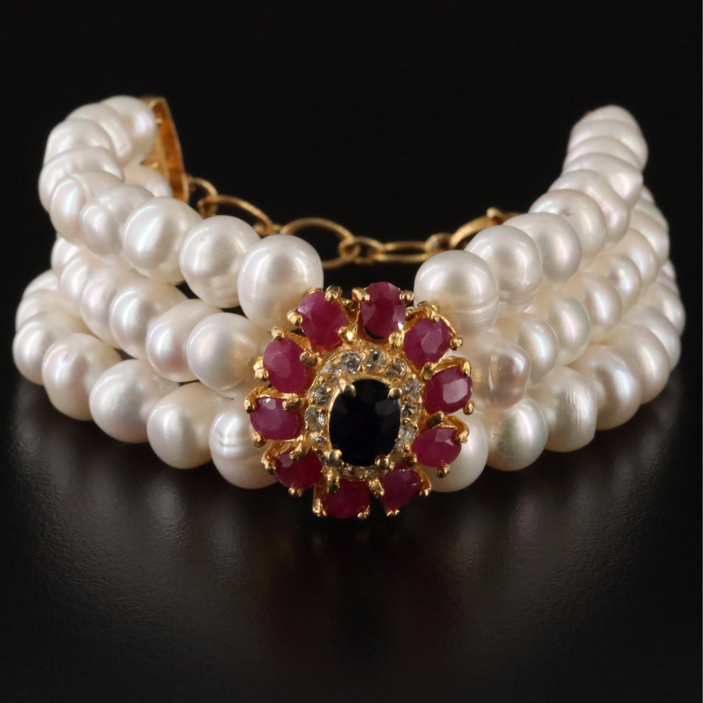 Sterling Pearl, Filled Corundum and Ruby Bracelet