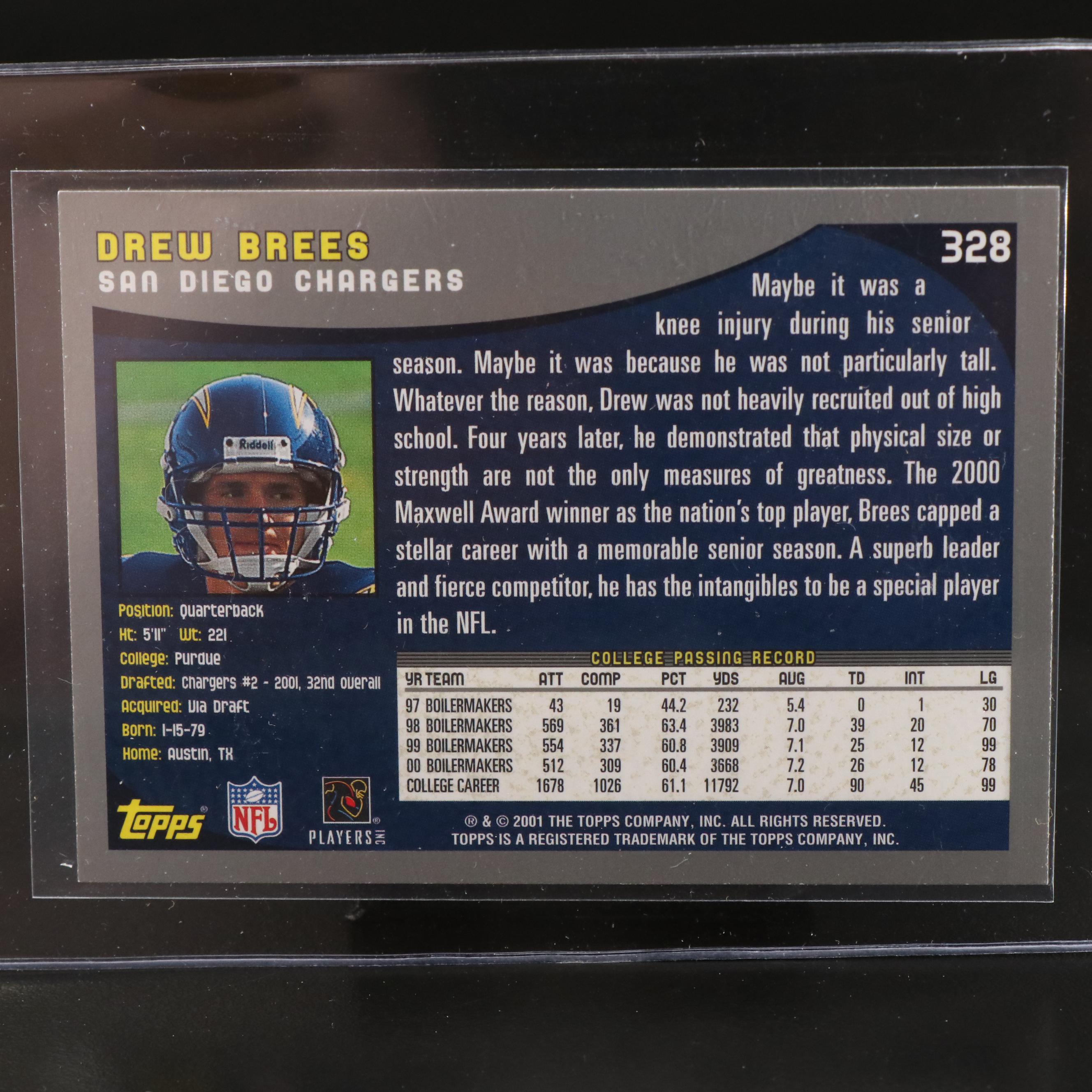 2001 Topps Drew Brees San Diego Chargers Rookie Football Card