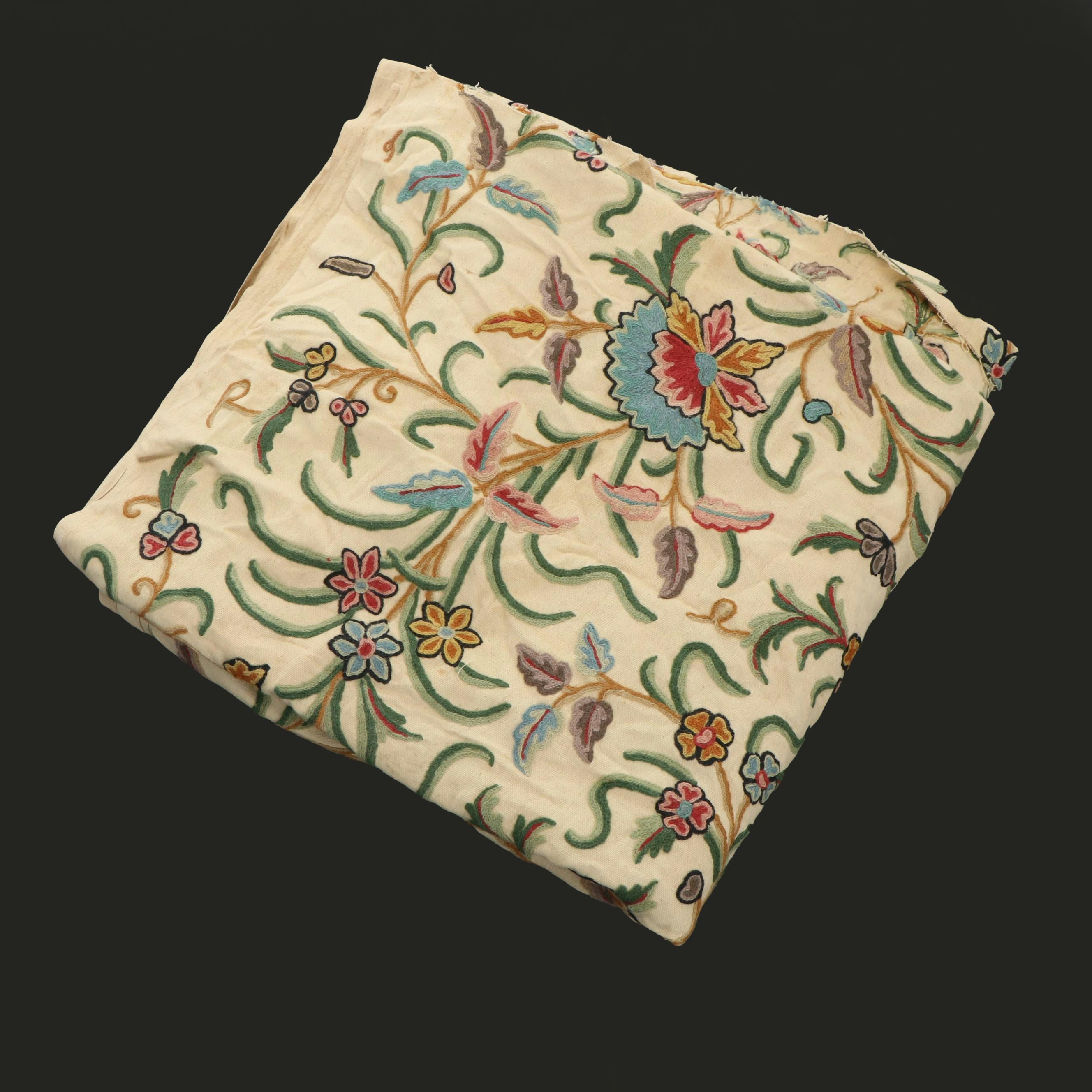 Indian Handmade Floral Wool Crewel Embroidery on Cotton