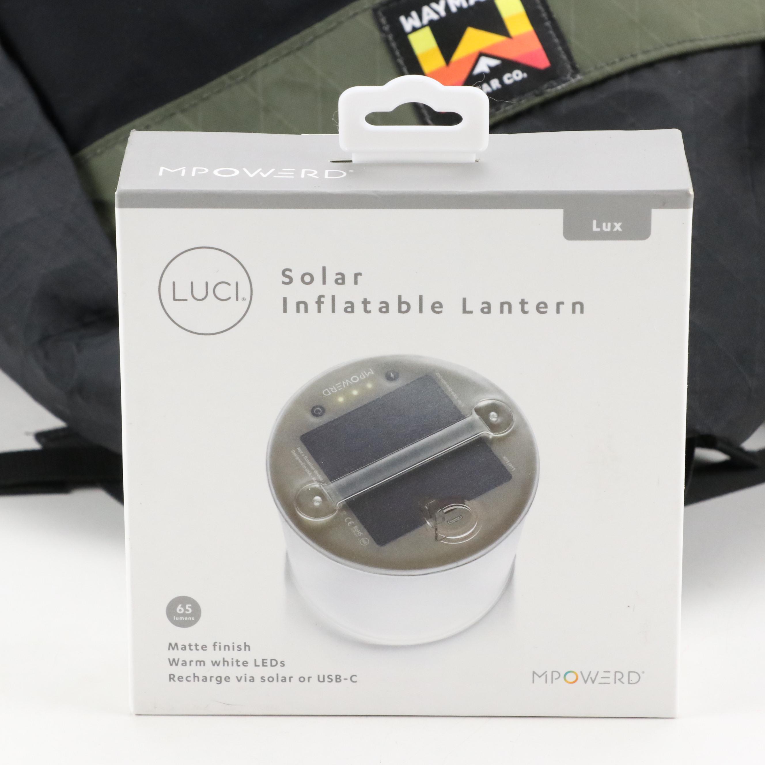 Stanley Metal Pocket Knife, Waymark Backpack, Luci Lantern and BRS Fuel Bottle