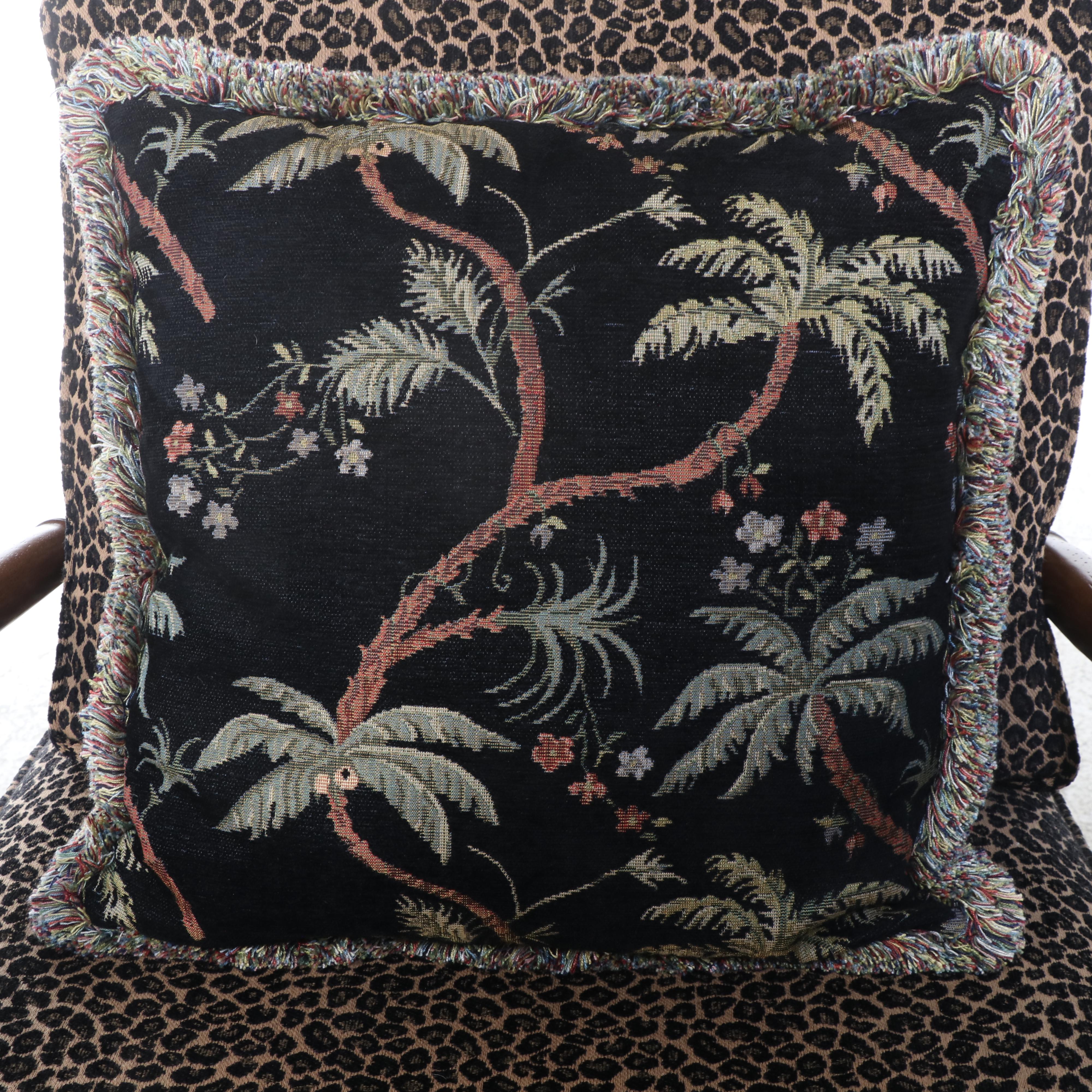 Pair of Faux Bamboo Armchairs and Ottoman with Cheetah Print Cushions