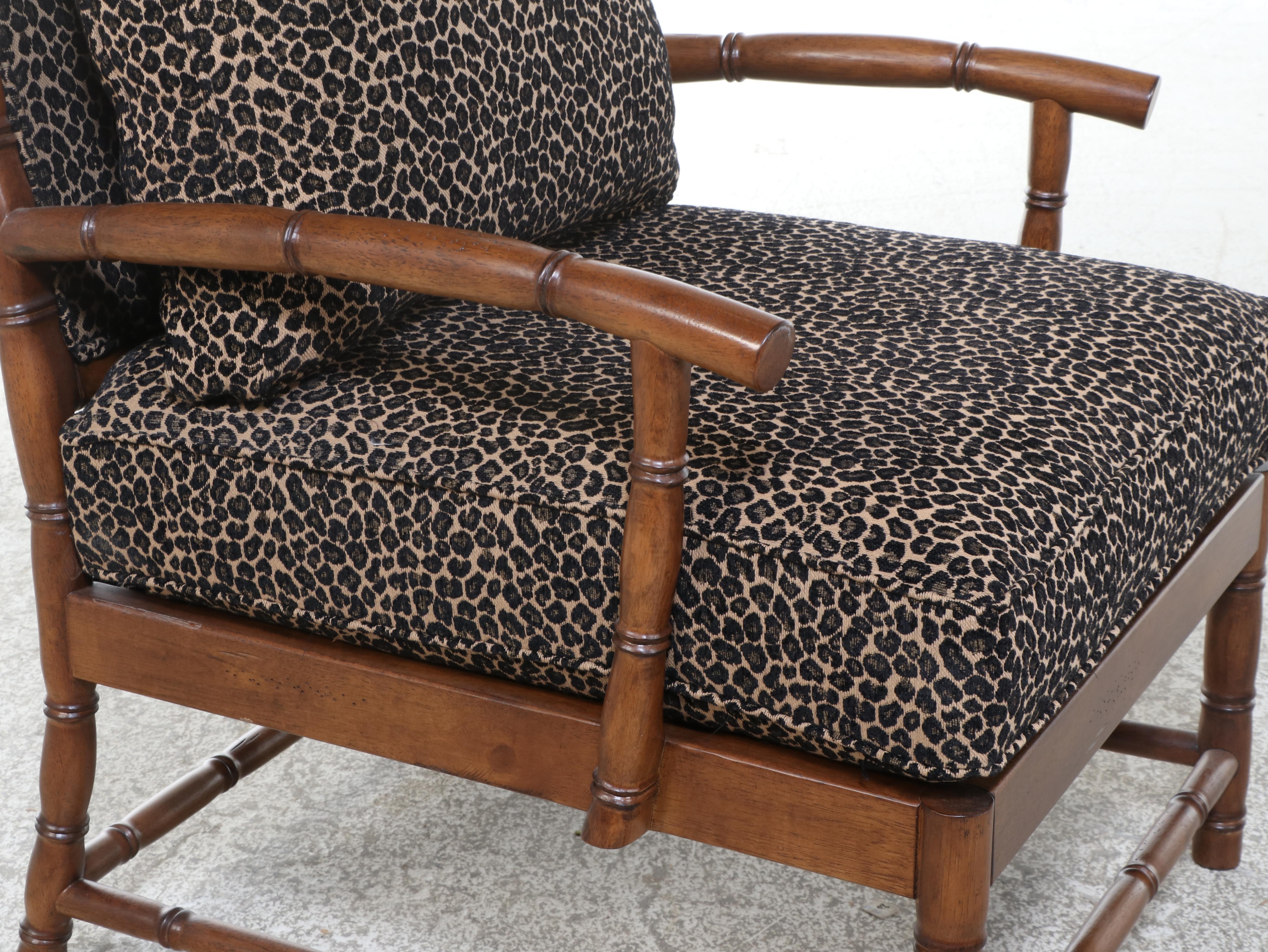 Pair of Faux Bamboo Armchairs and Ottoman with Cheetah Print Cushions