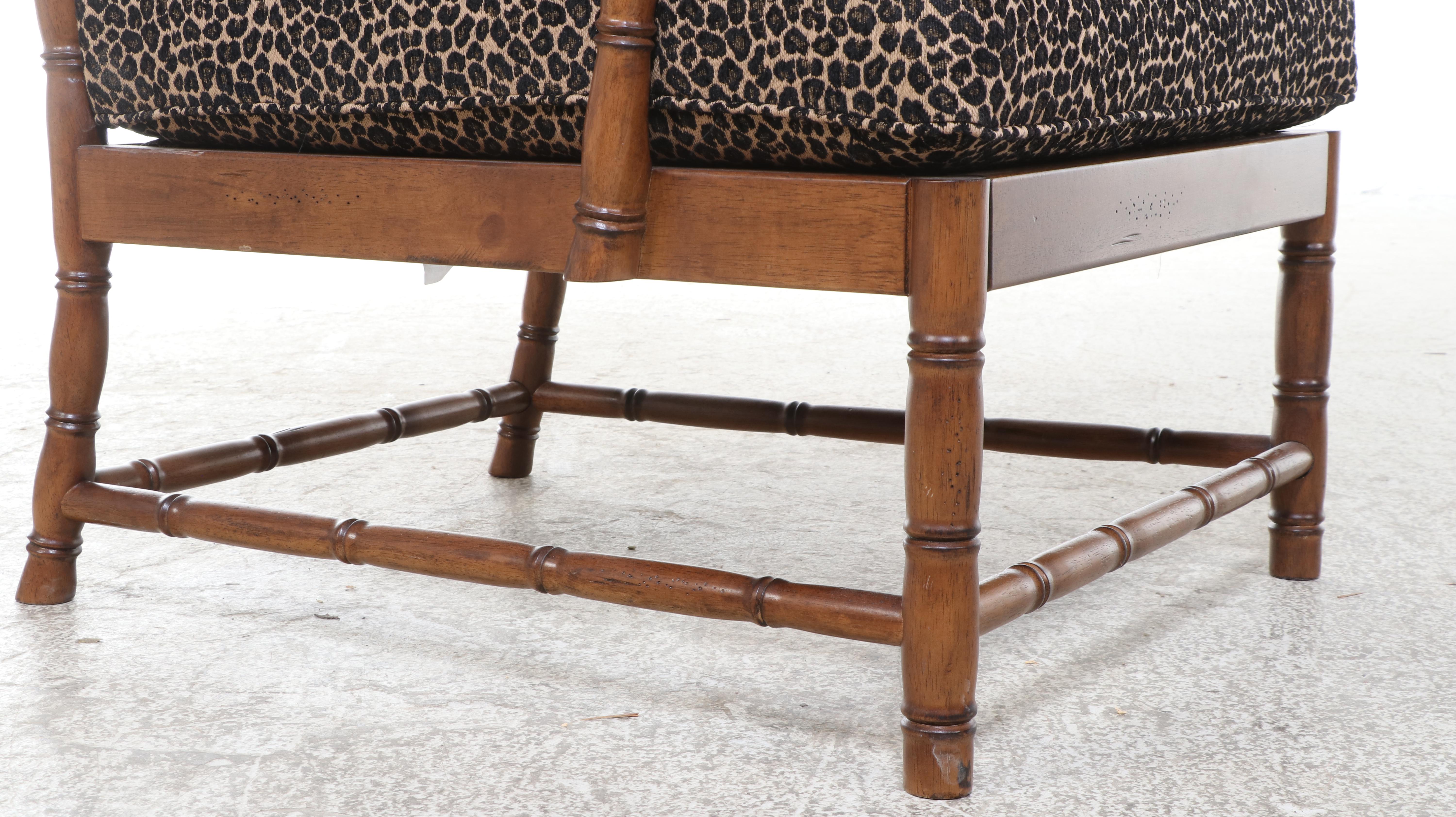 Pair of Faux Bamboo Armchairs and Ottoman with Cheetah Print Cushions