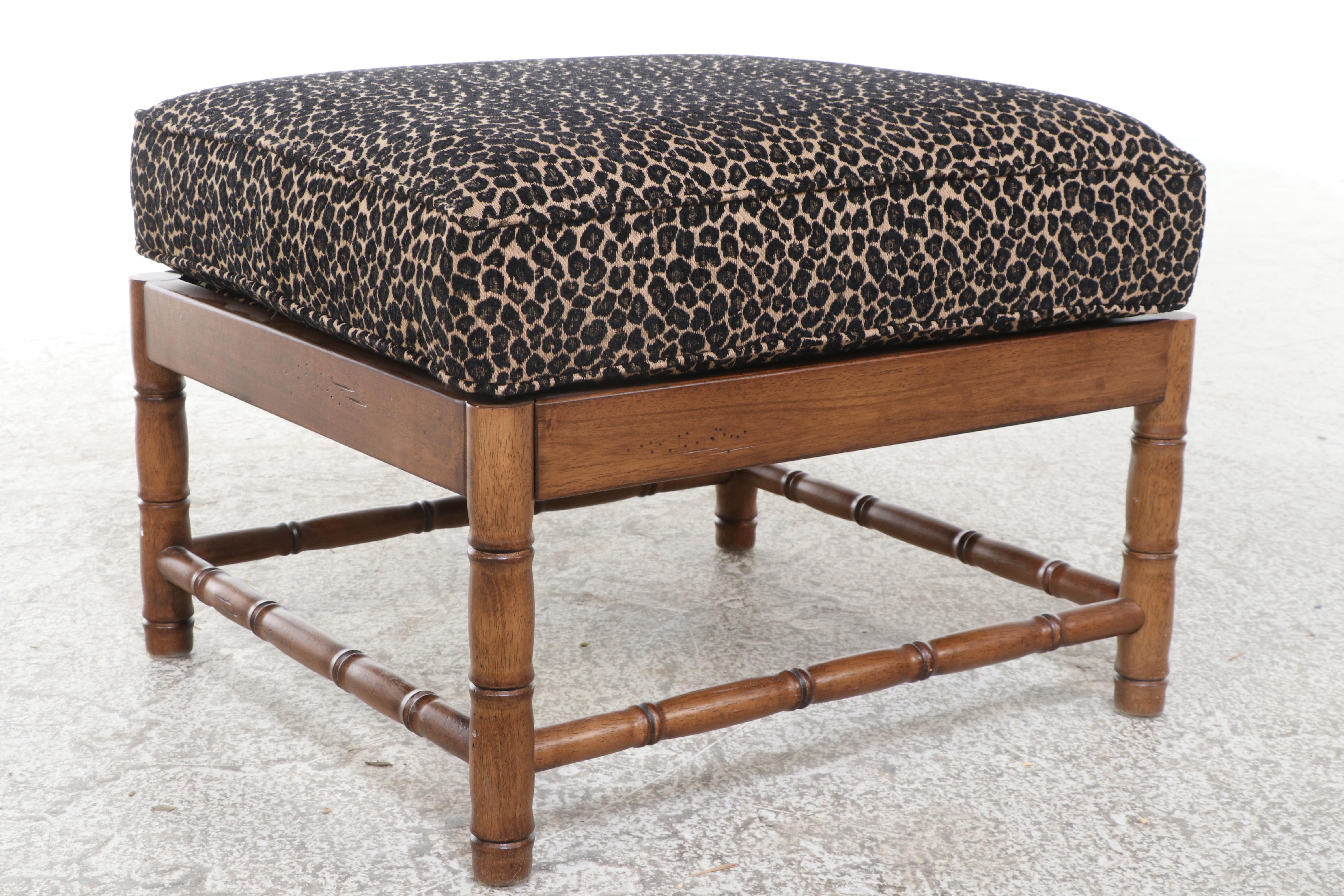 Pair of Faux Bamboo Armchairs and Ottoman with Cheetah Print Cushions