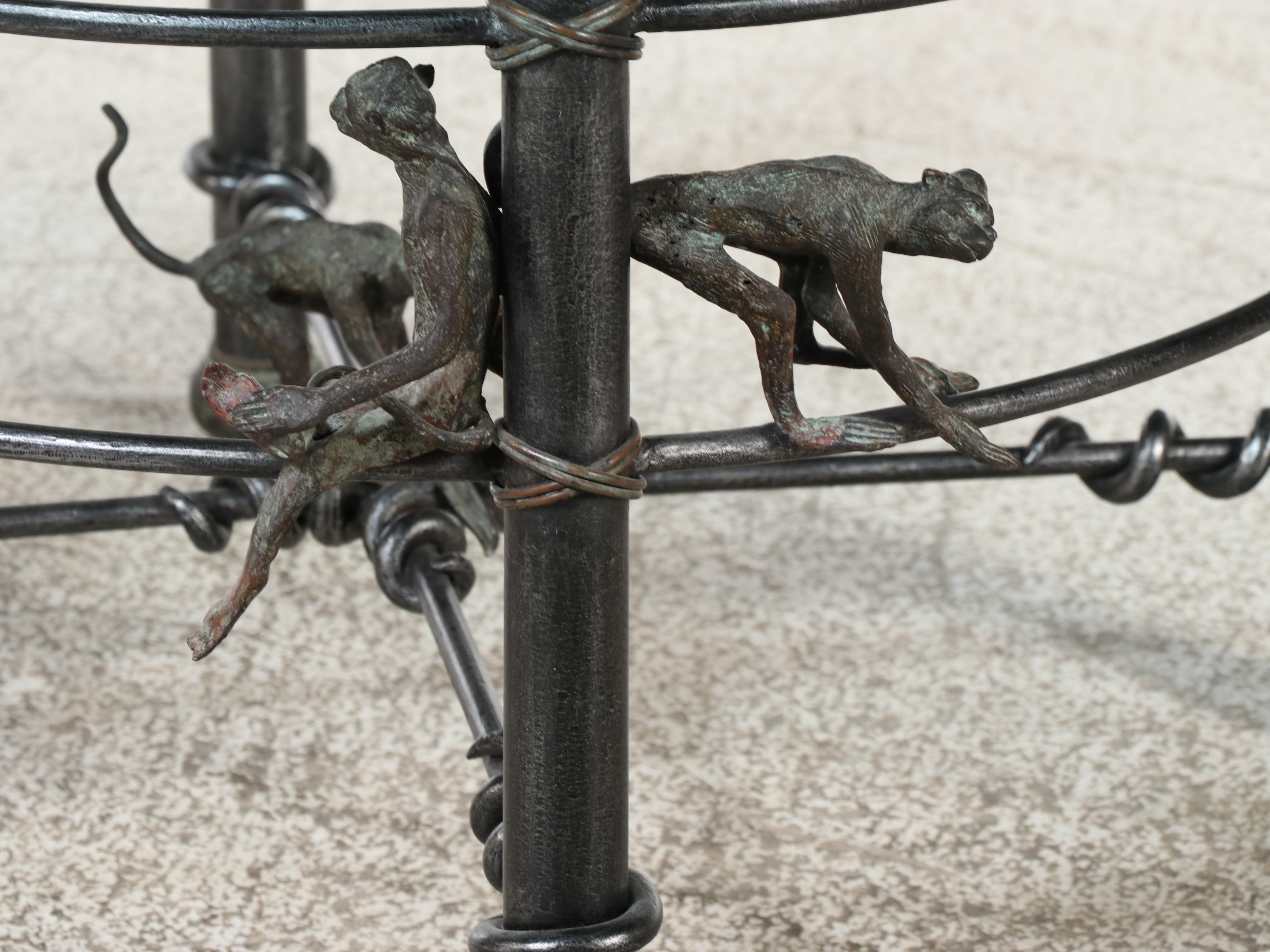 Maitland-Smith Patinated Iron, Bronze, and Glass Top Monkey Coffee Table