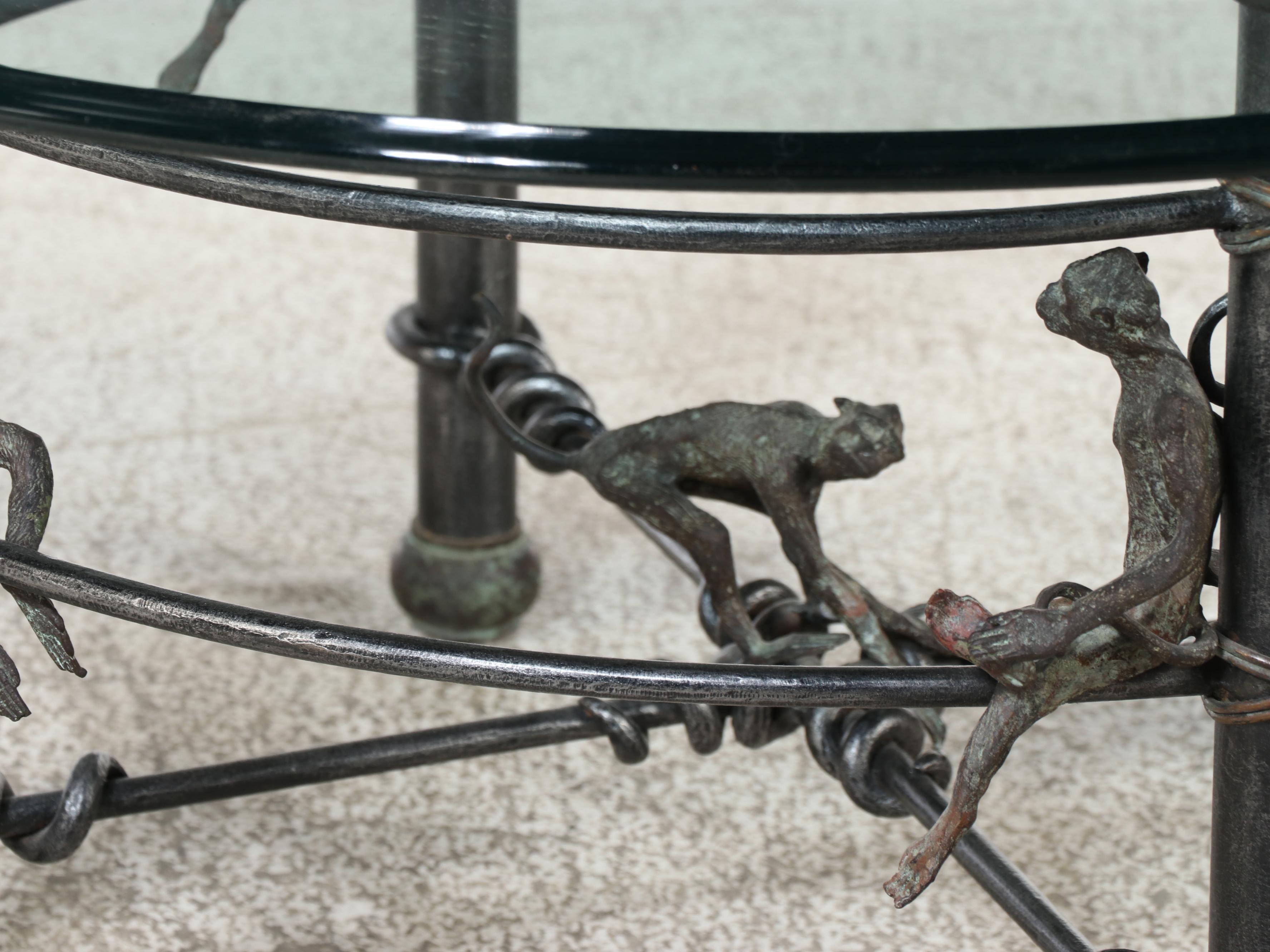 Maitland-Smith Patinated Iron, Bronze, and Glass Top Monkey Coffee Table