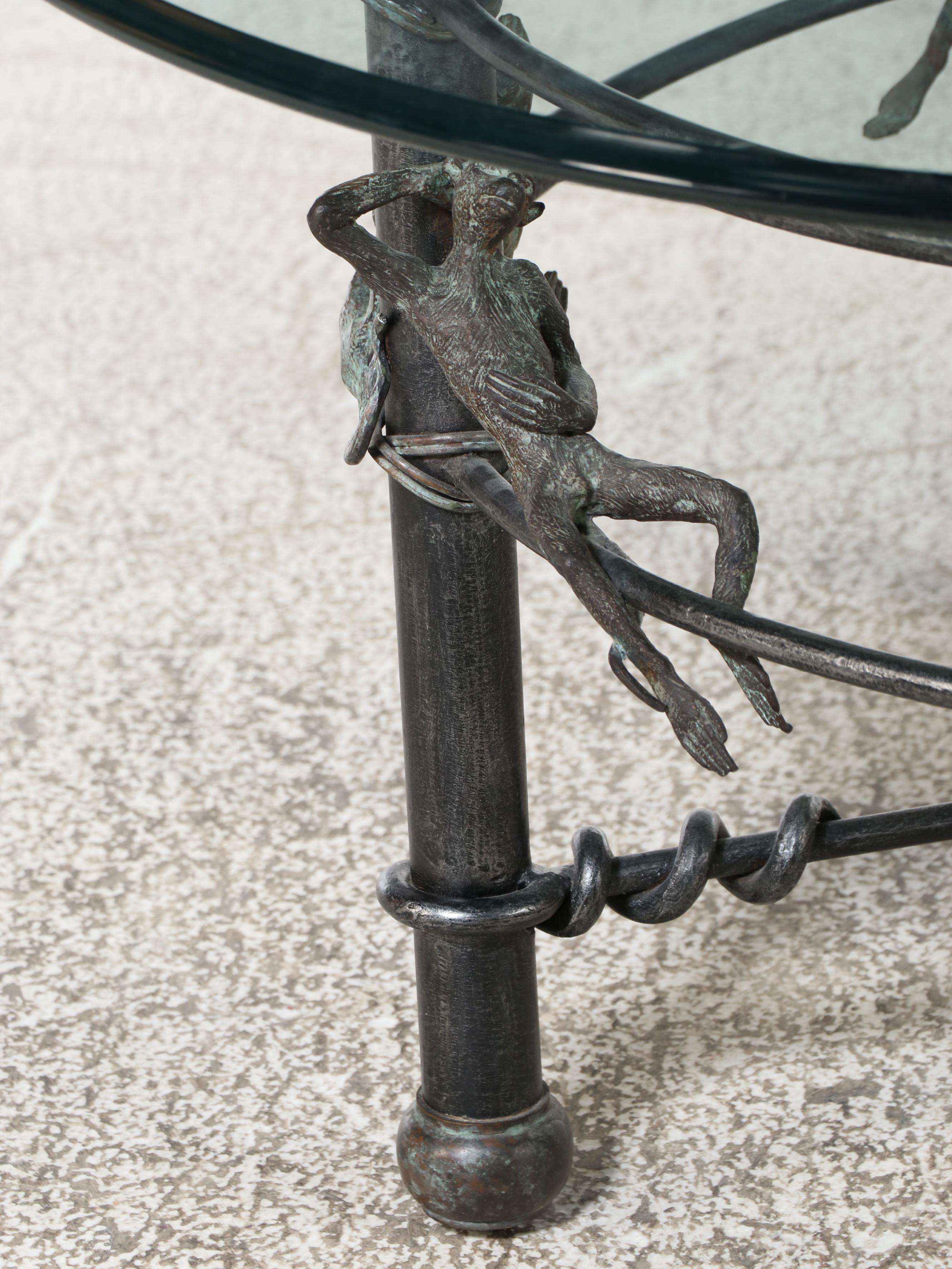 Maitland-Smith Patinated Iron, Bronze, and Glass Top Monkey Coffee Table