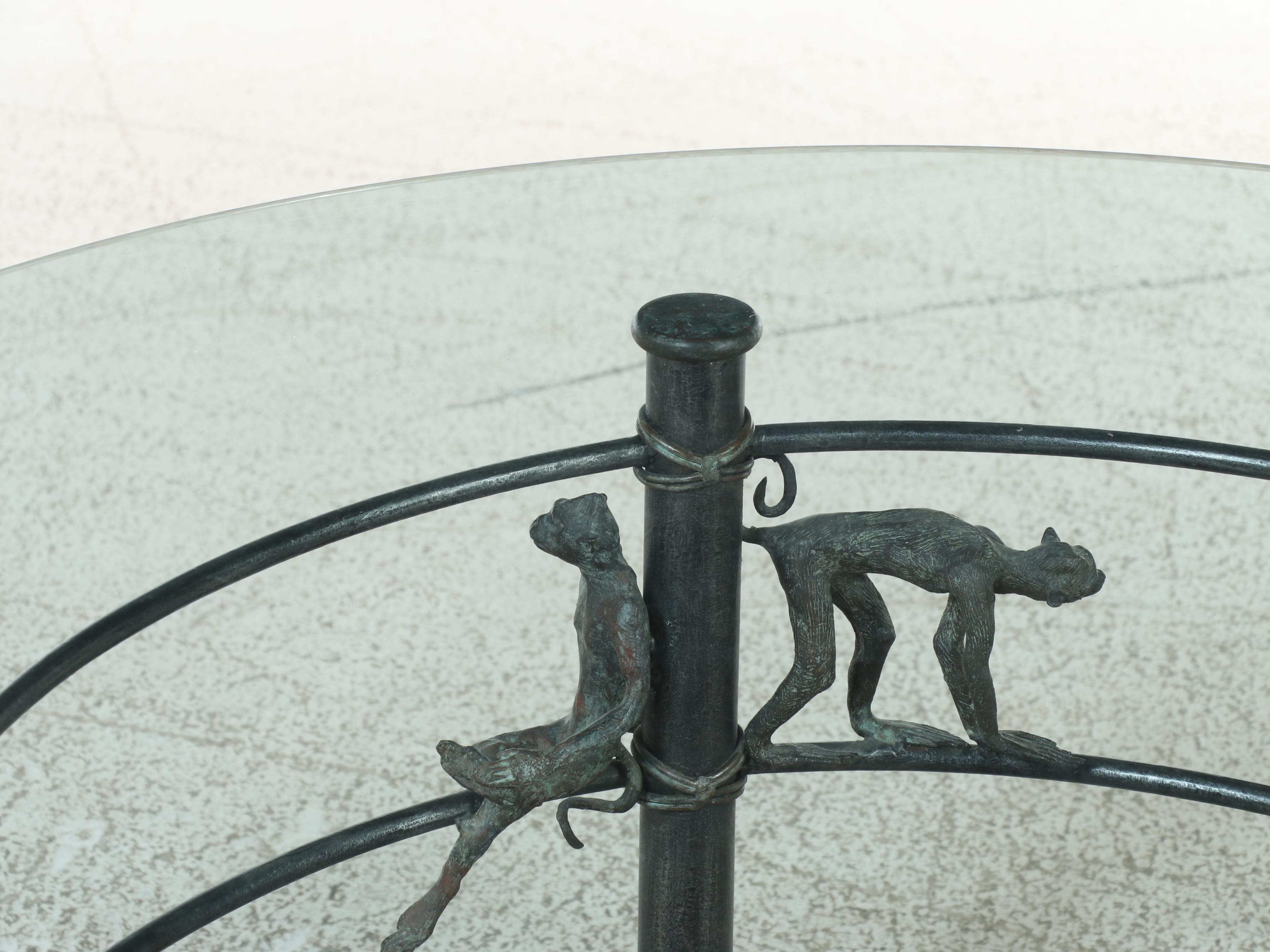 Maitland-Smith Patinated Iron, Bronze, and Glass Top Monkey Coffee Table