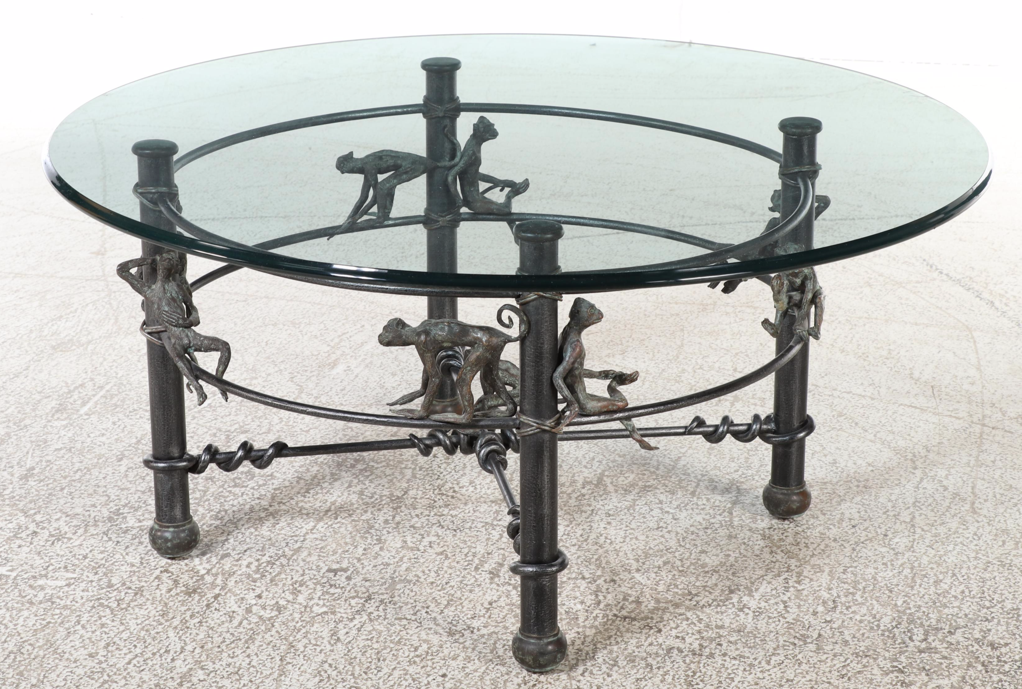 Maitland-Smith Patinated Iron, Bronze, and Glass Top Monkey Coffee Table