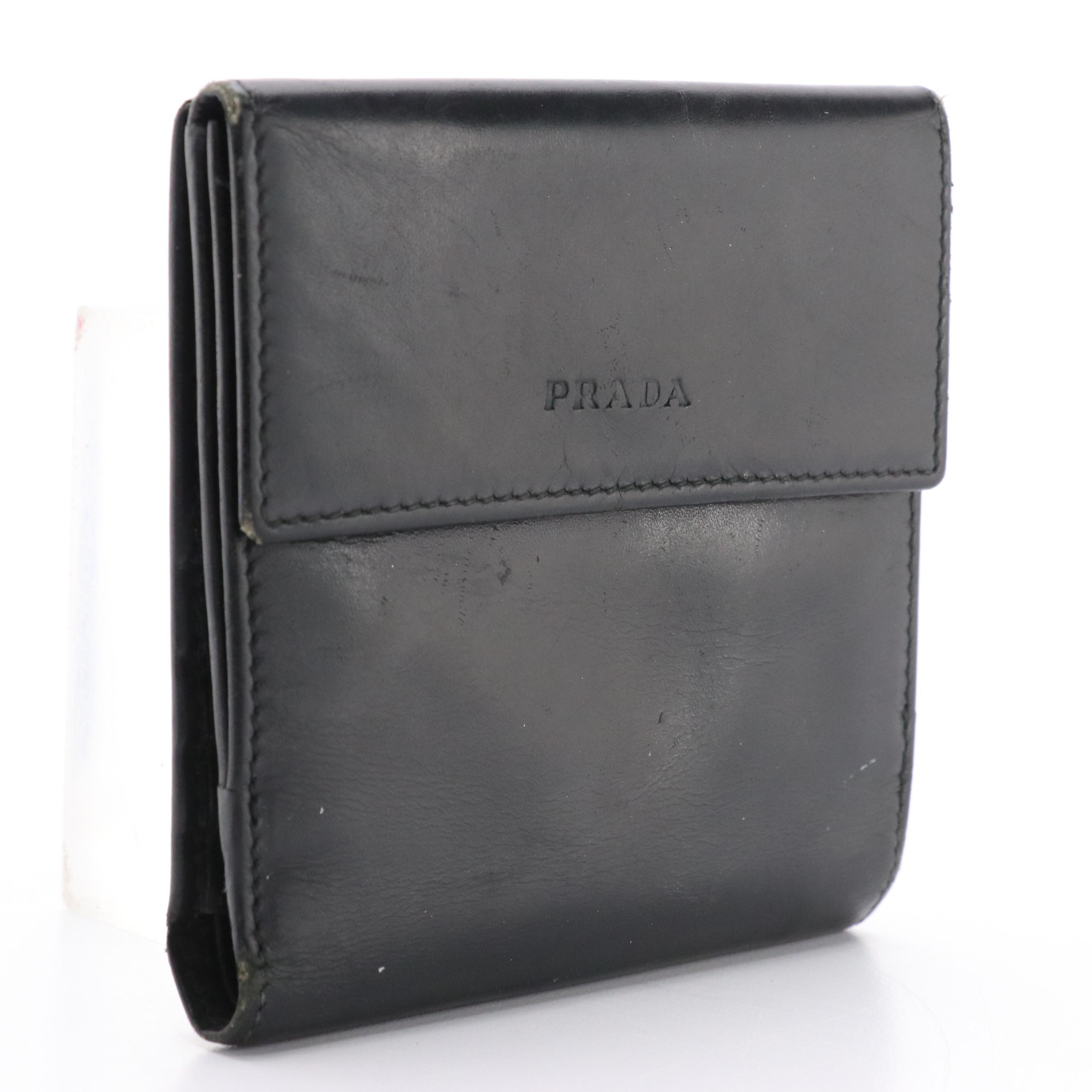 Prada Black Leather Compact Trifold Wallet