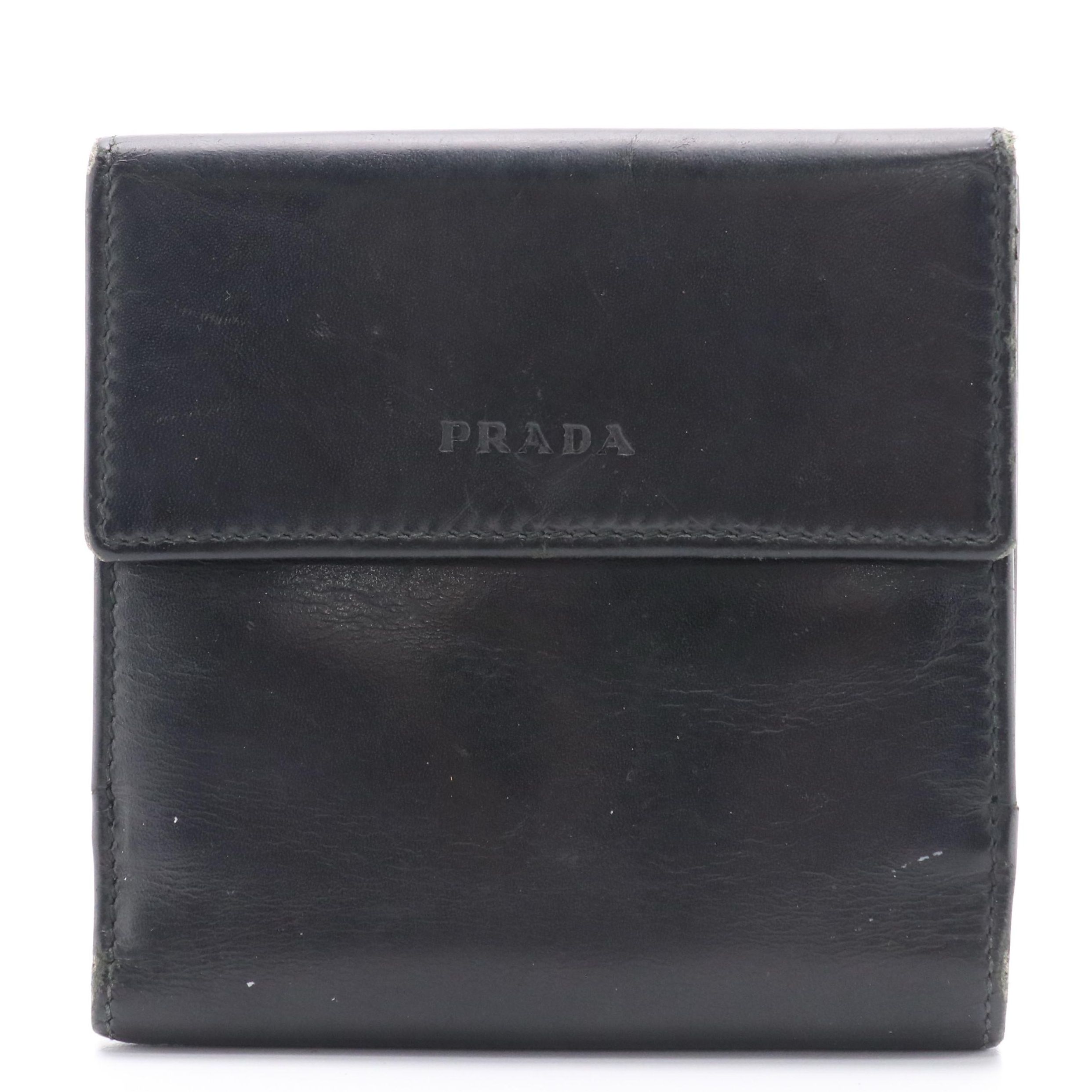 Prada Black Leather Compact Trifold Wallet