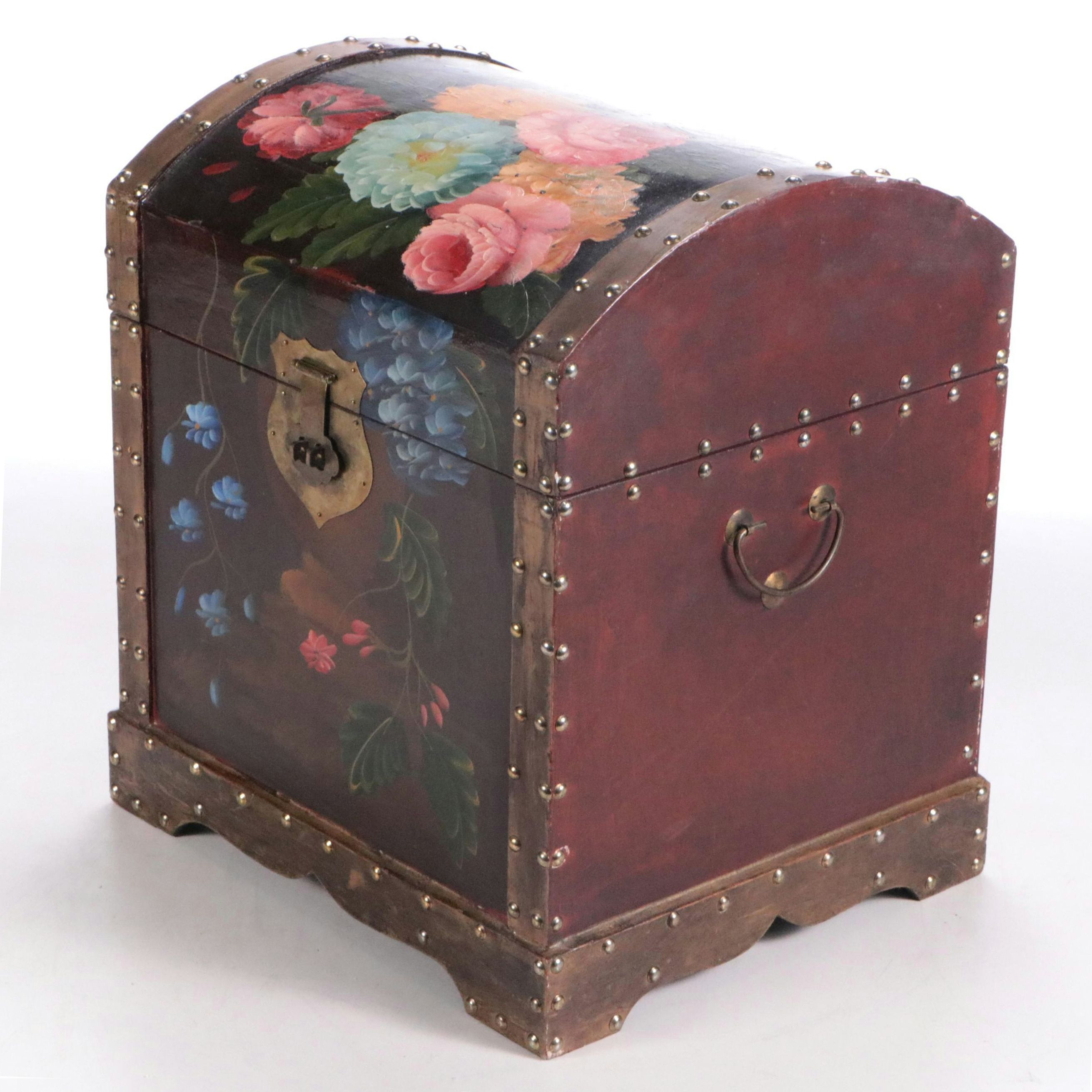 Vintage Dome Top Hand-Painted Floral Decorative Chest