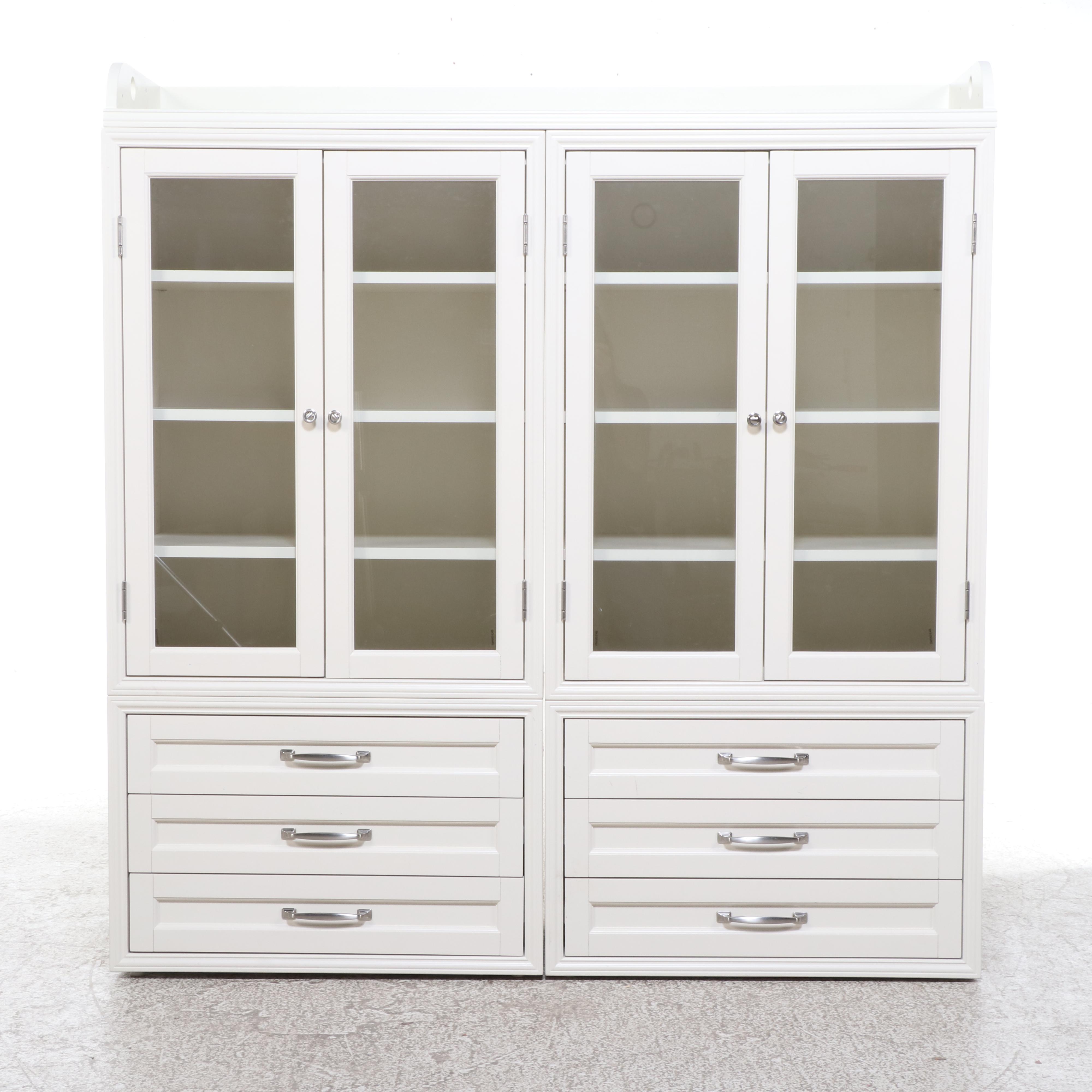 White Wooden Glass Front Two Part Display Storage Cabinet