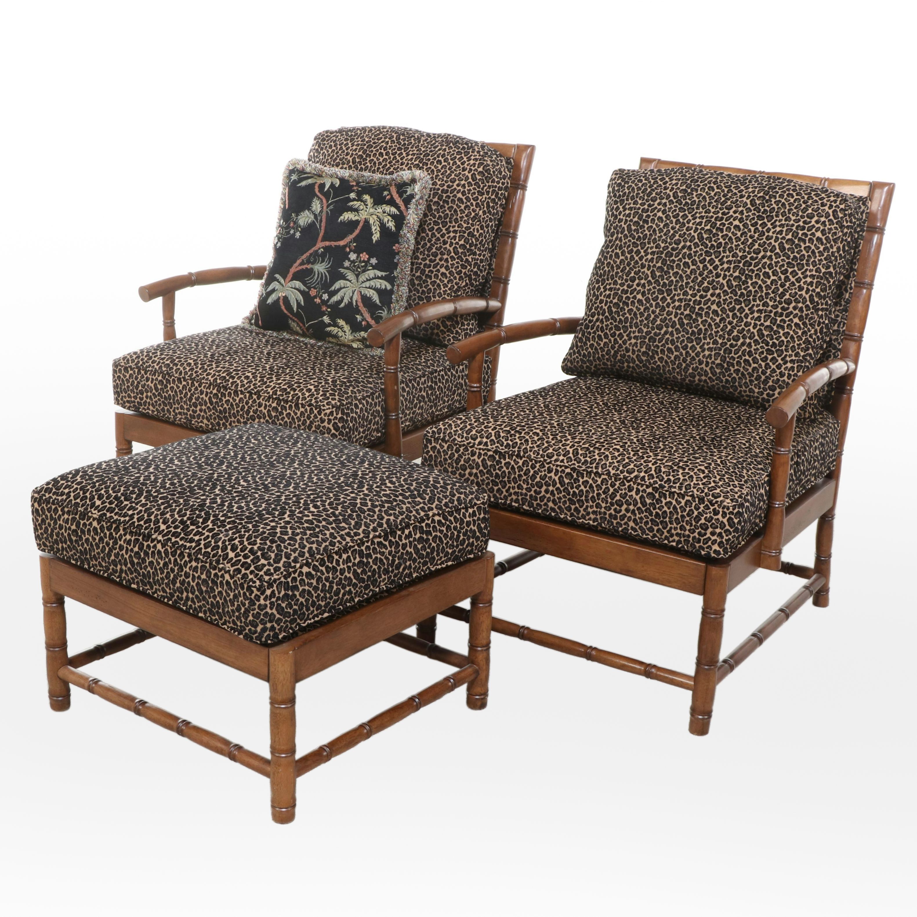 Pair of Faux Bamboo Armchairs and Ottoman with Cheetah Print Cushions