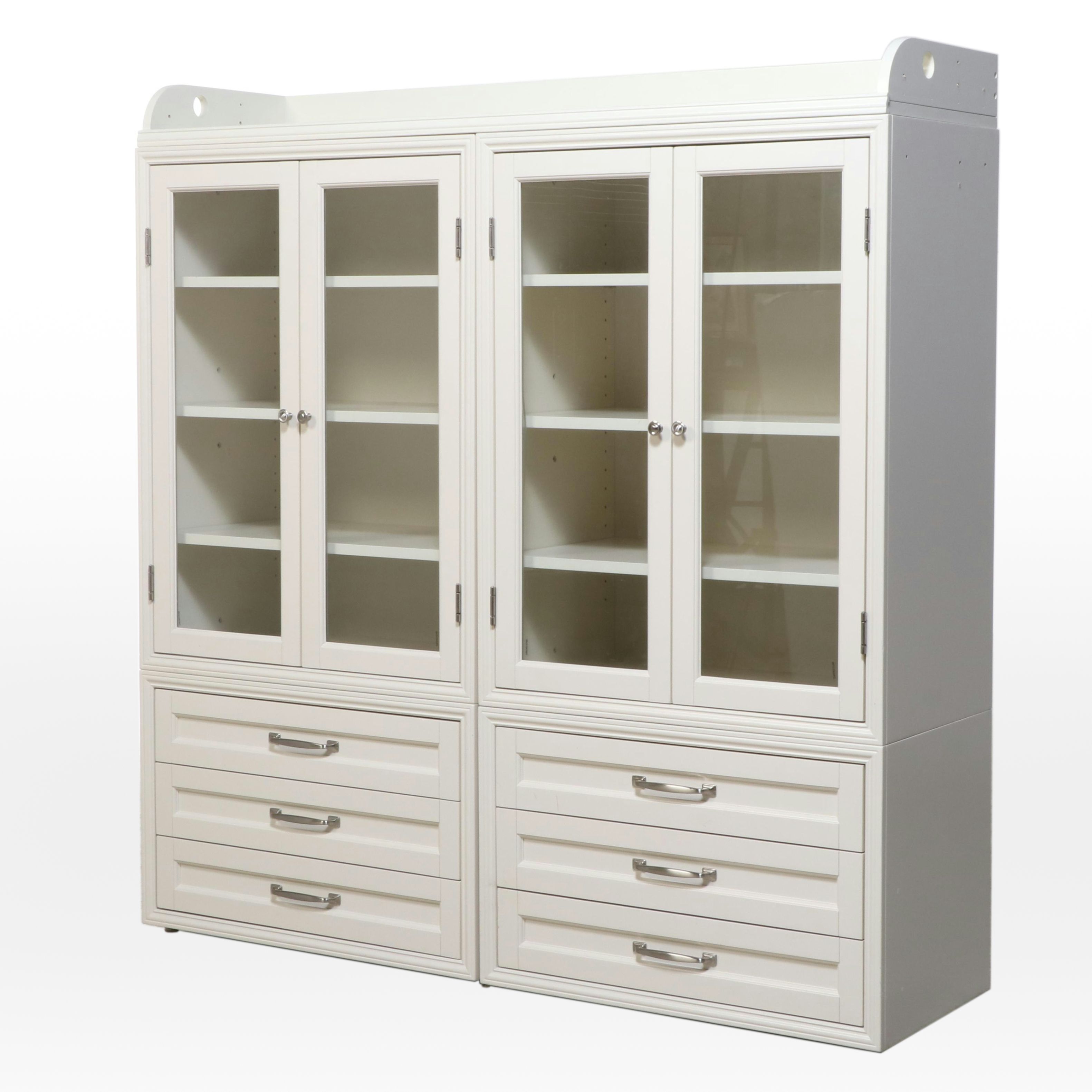 White Wooden Glass Front Two Part Display Storage Cabinet