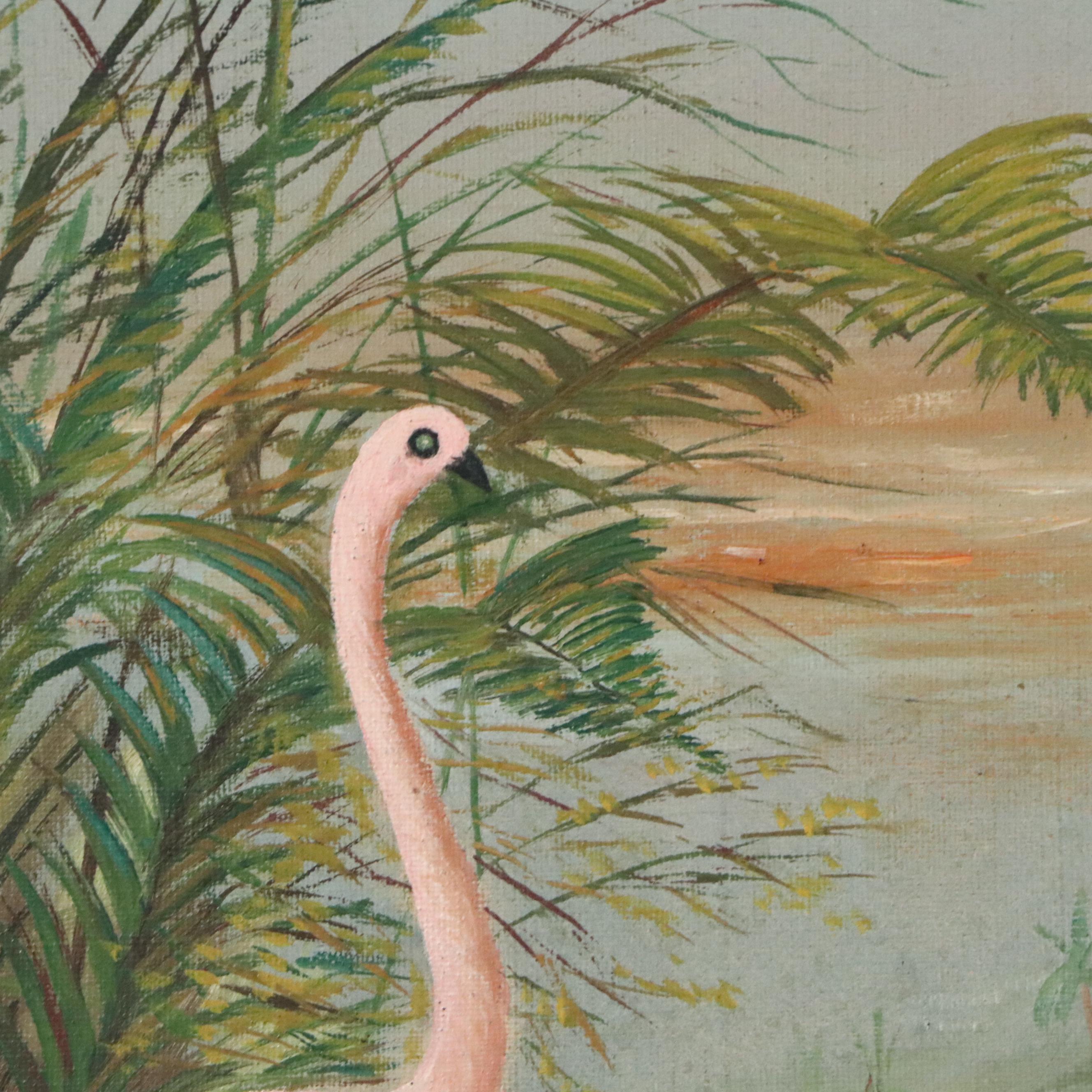 Marsh Landscape Oil Painting of Flamingos