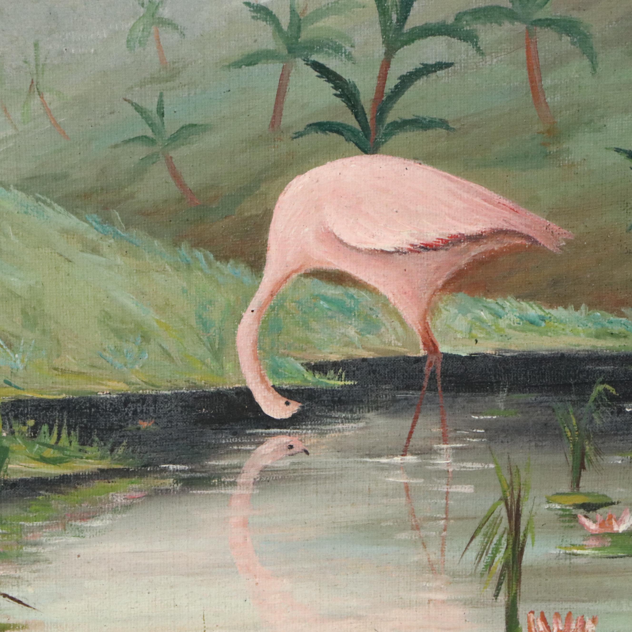 Marsh Landscape Oil Painting of Flamingos