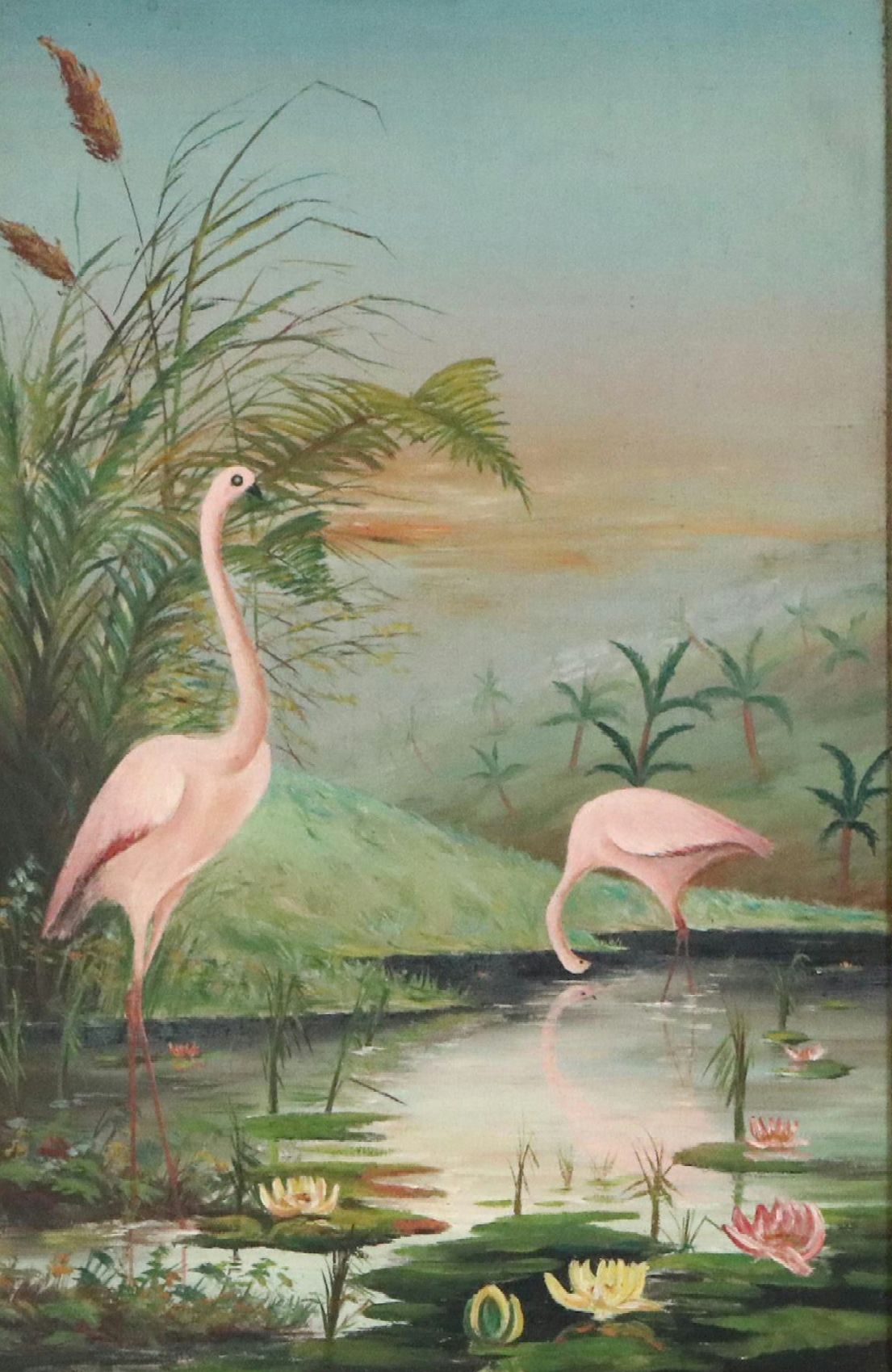 Marsh Landscape Oil Painting of Flamingos