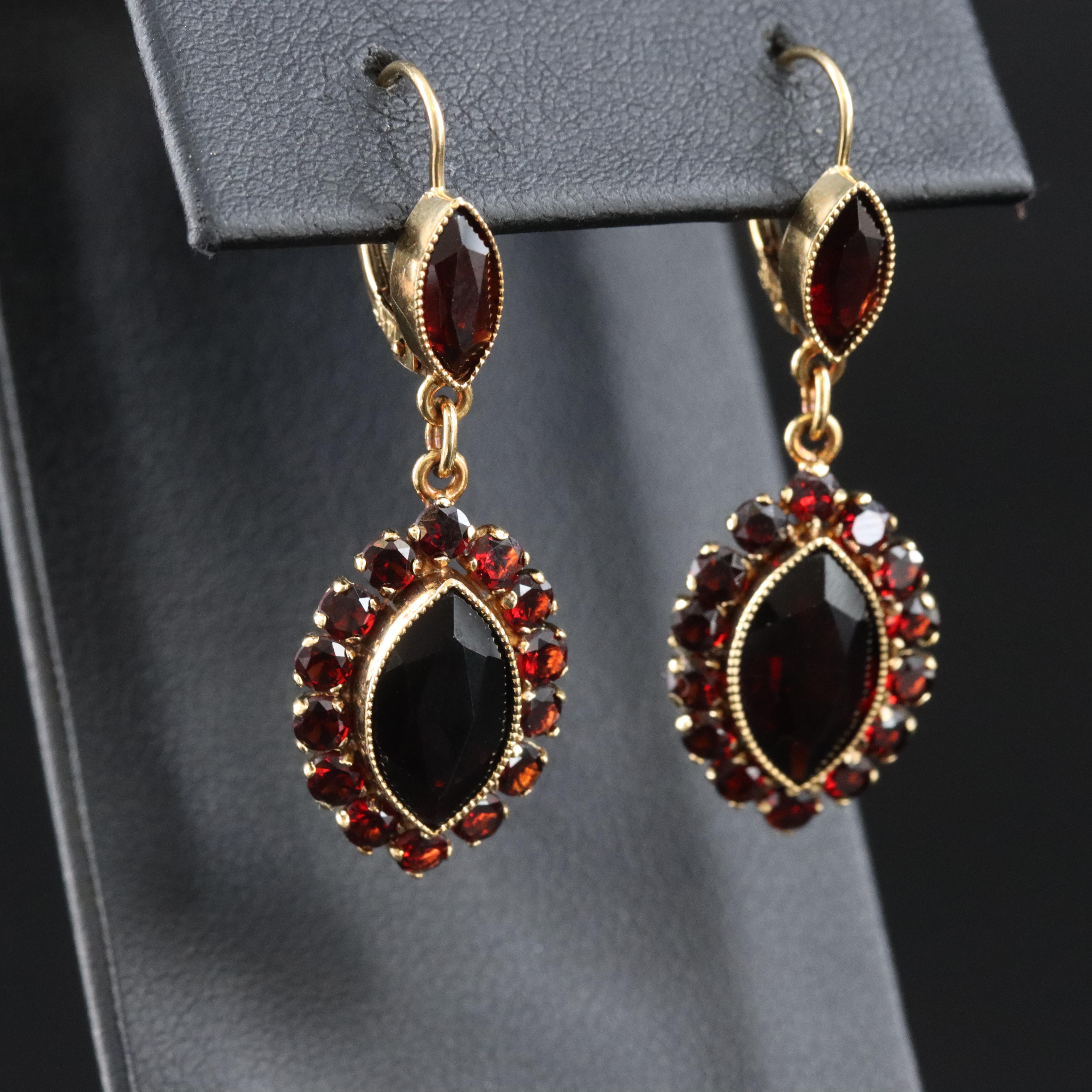 14K Garnet Navette Dangle Earrings