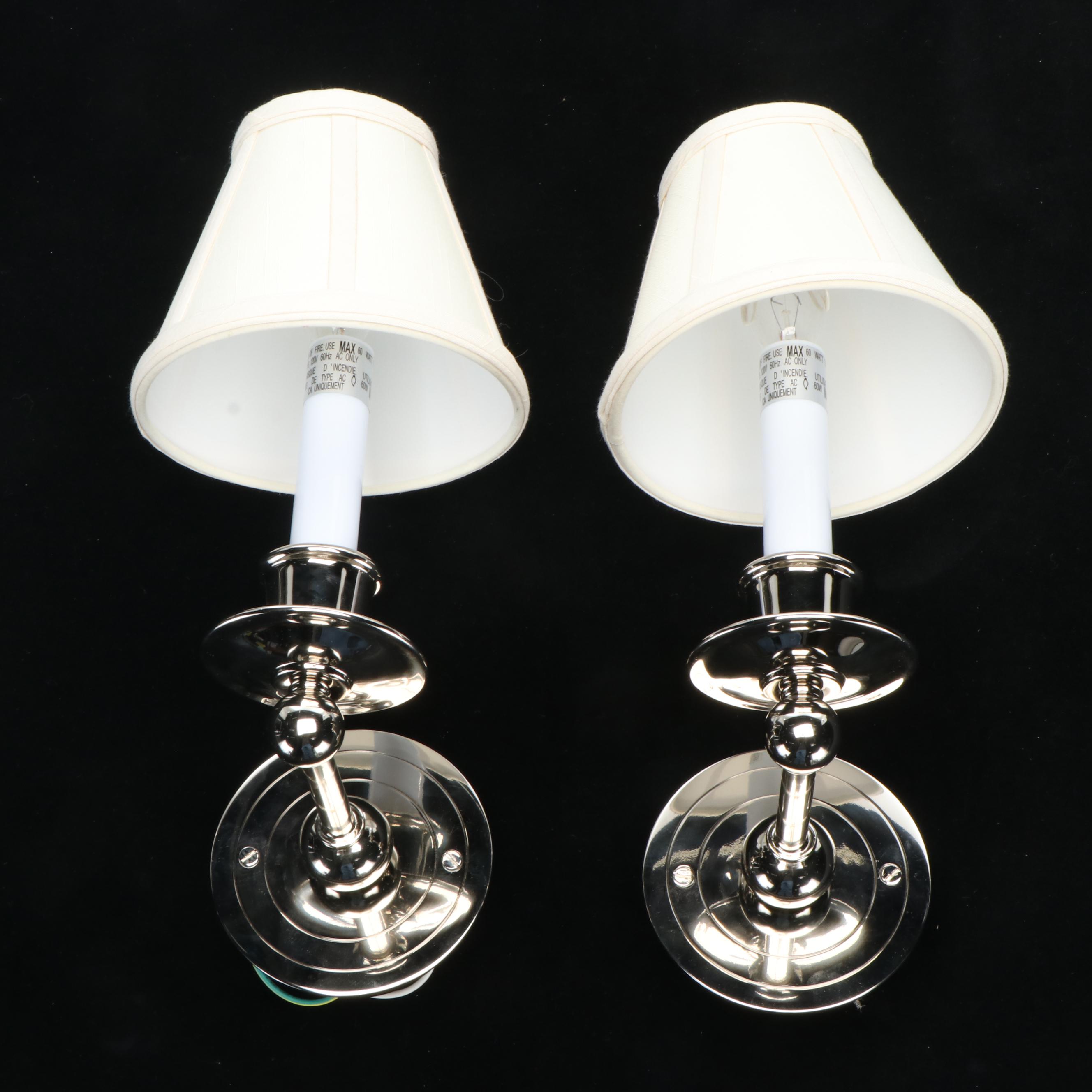 Pair of Contemporary Chrome Wall Sconces with Silk Shades