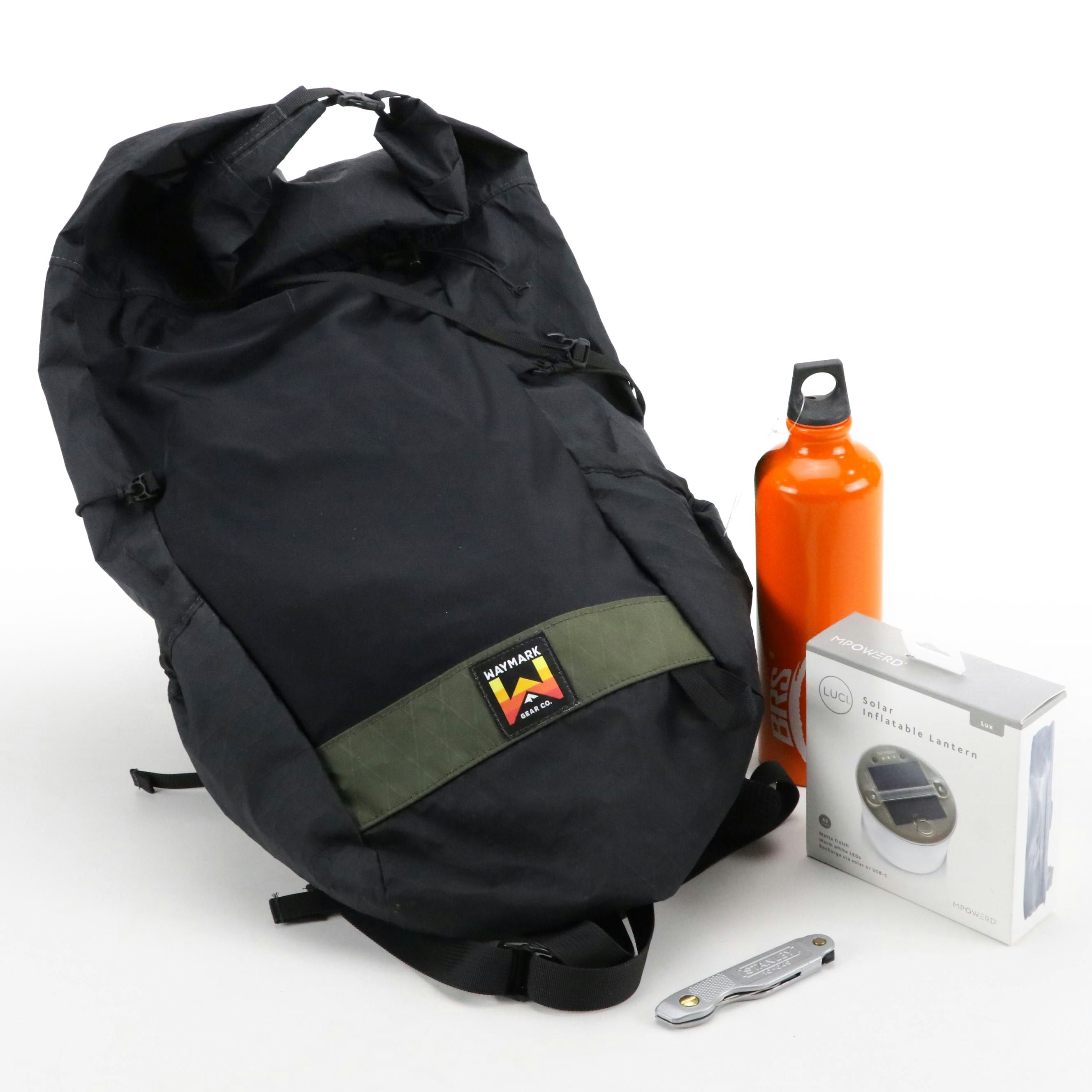 Stanley Metal Pocket Knife, Waymark Backpack, Luci Lantern and BRS Fuel Bottle