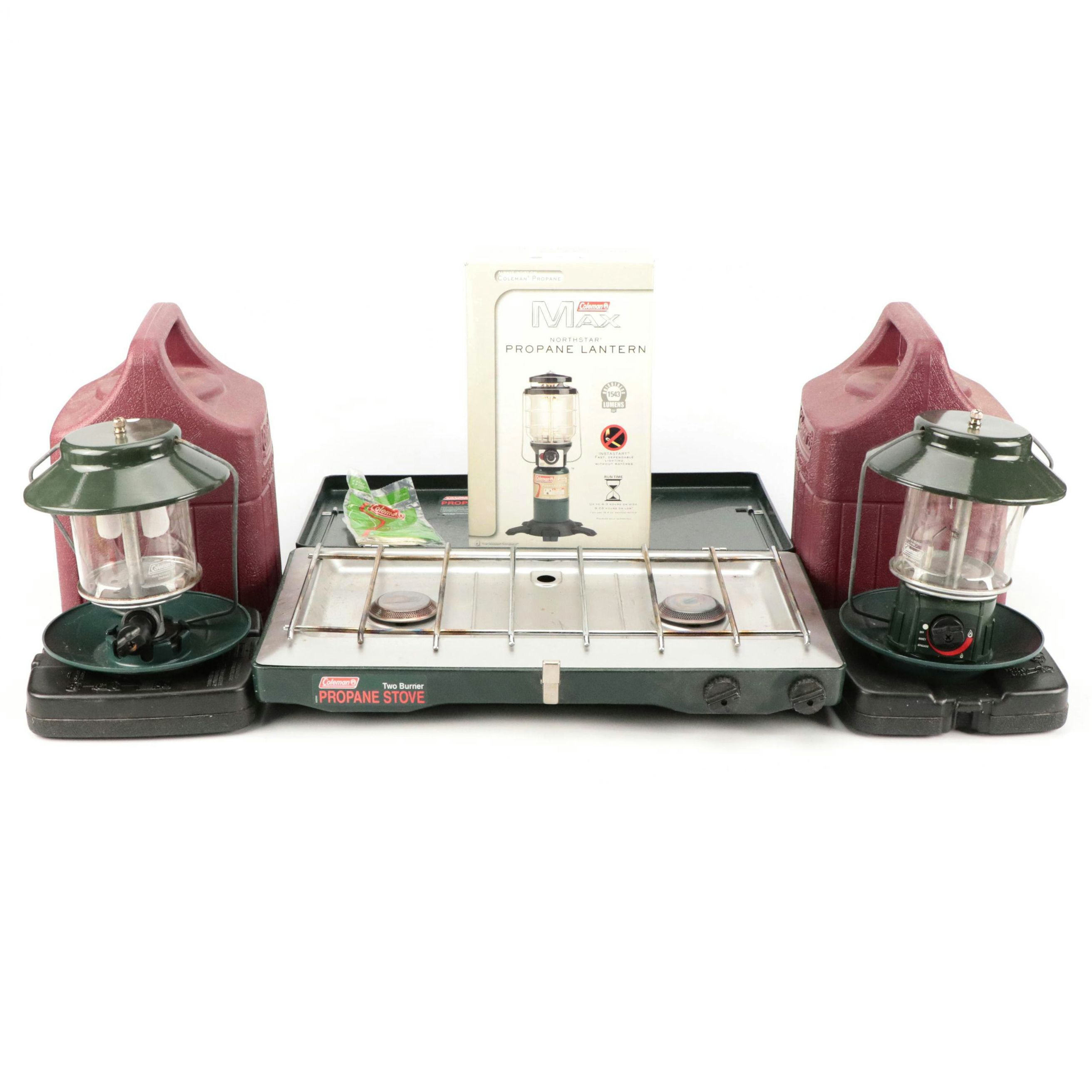 Coleman Propane Two Burner Stove and Propane Outdoor Lanterns