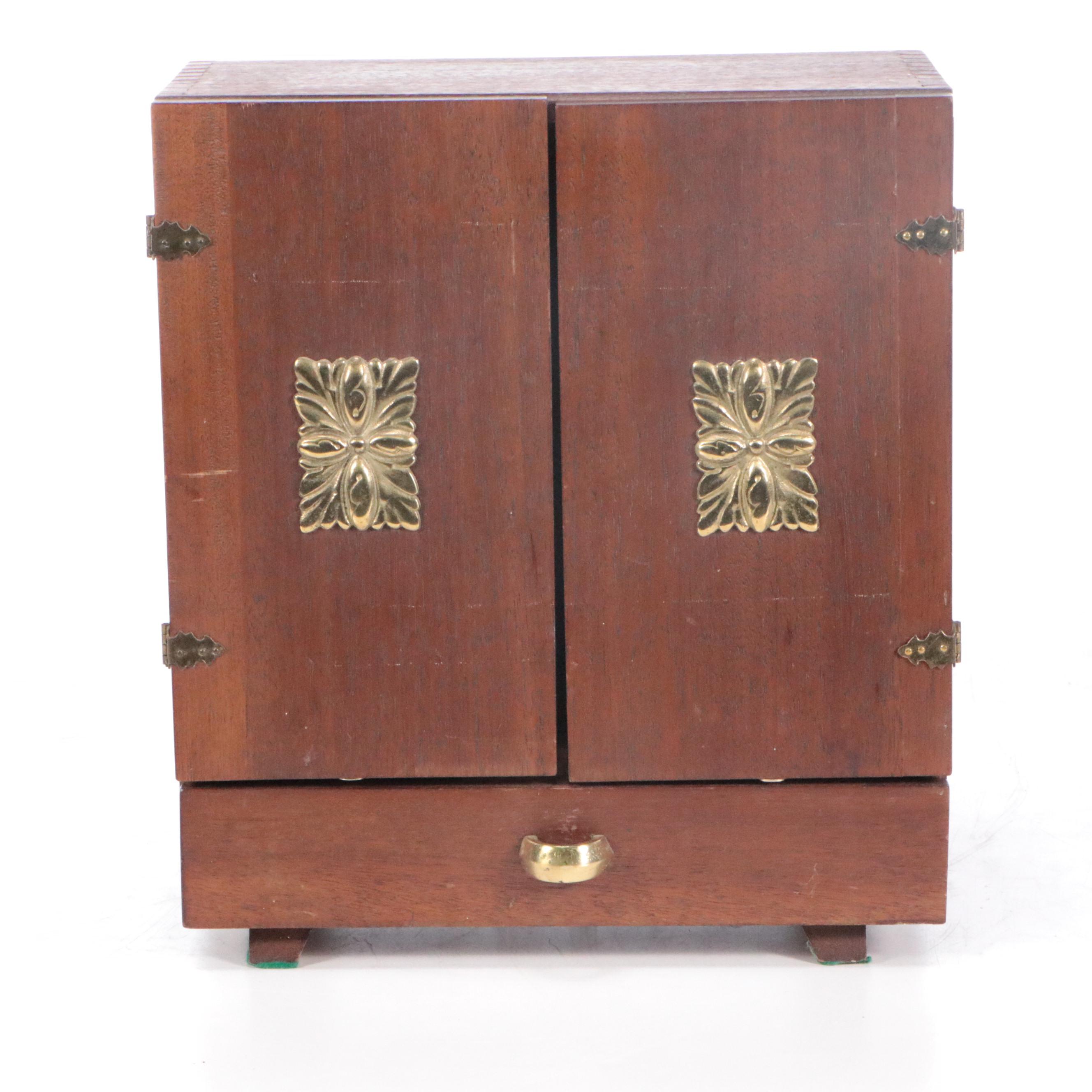 Karoff Mid Century Modern Style Walnut Bar Cabinet with Decanters and Glasses