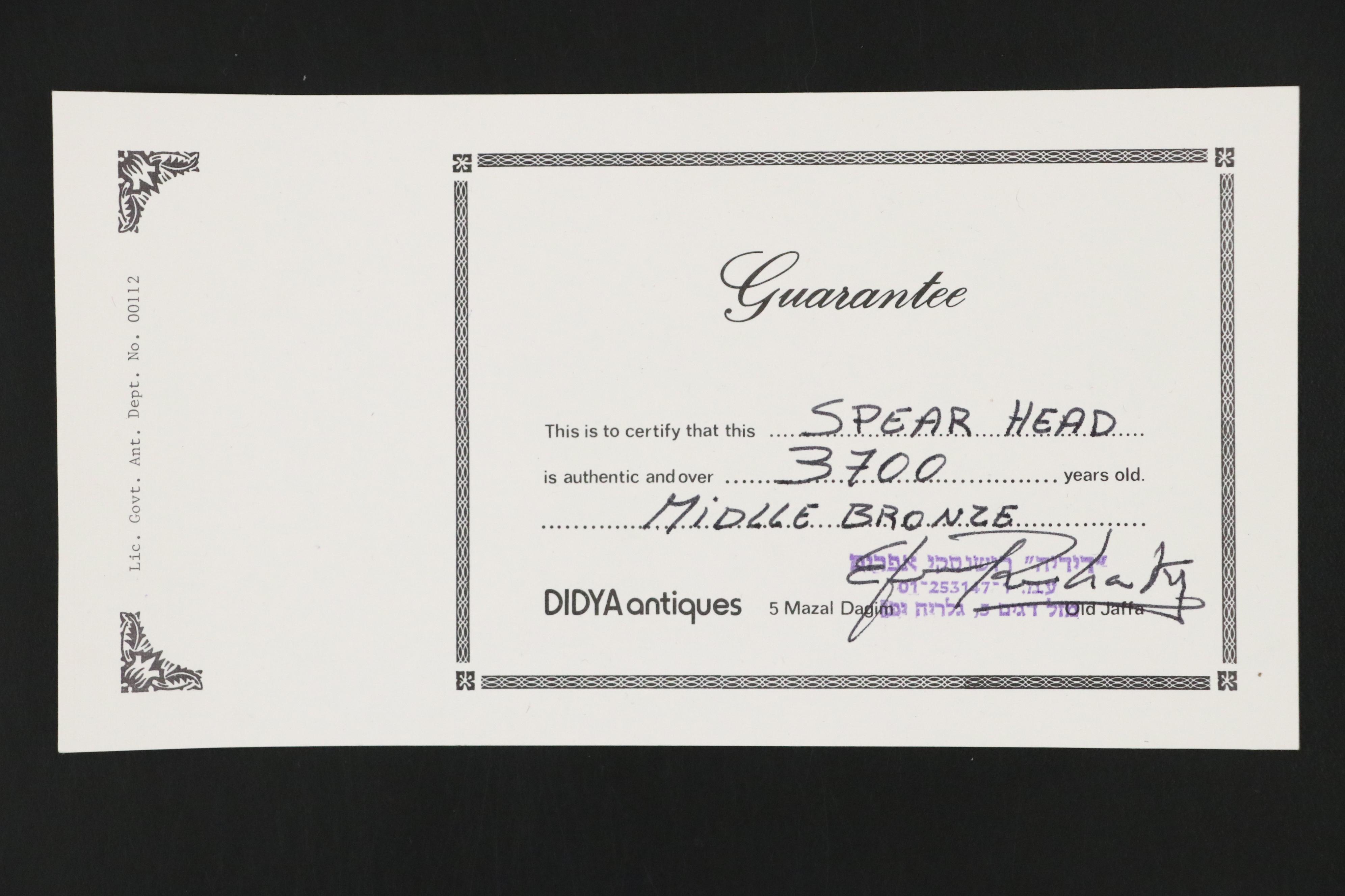 Middle Bronze Age Spear Head with Certificate