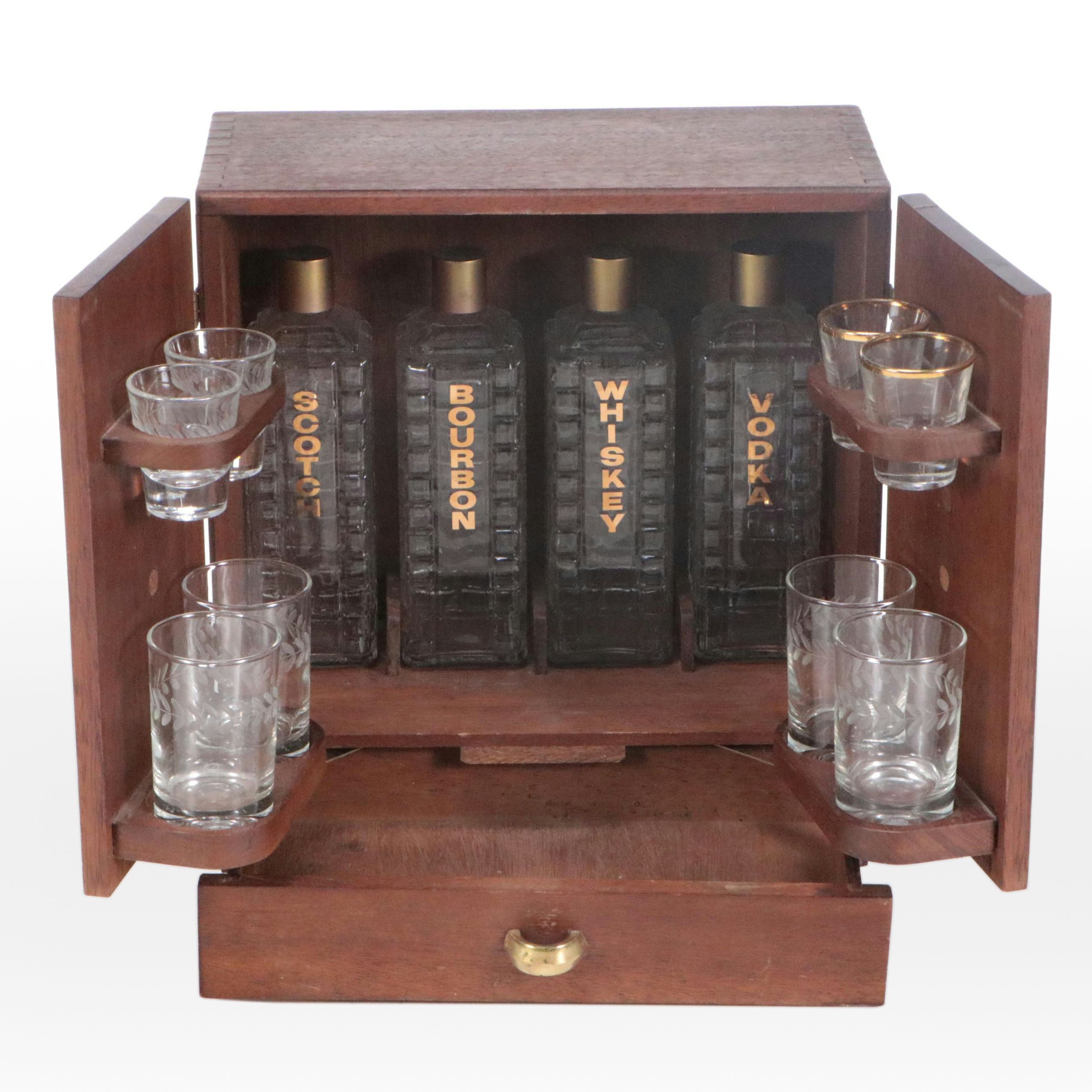 Karoff Mid Century Modern Style Walnut Bar Cabinet with Decanters and Glasses