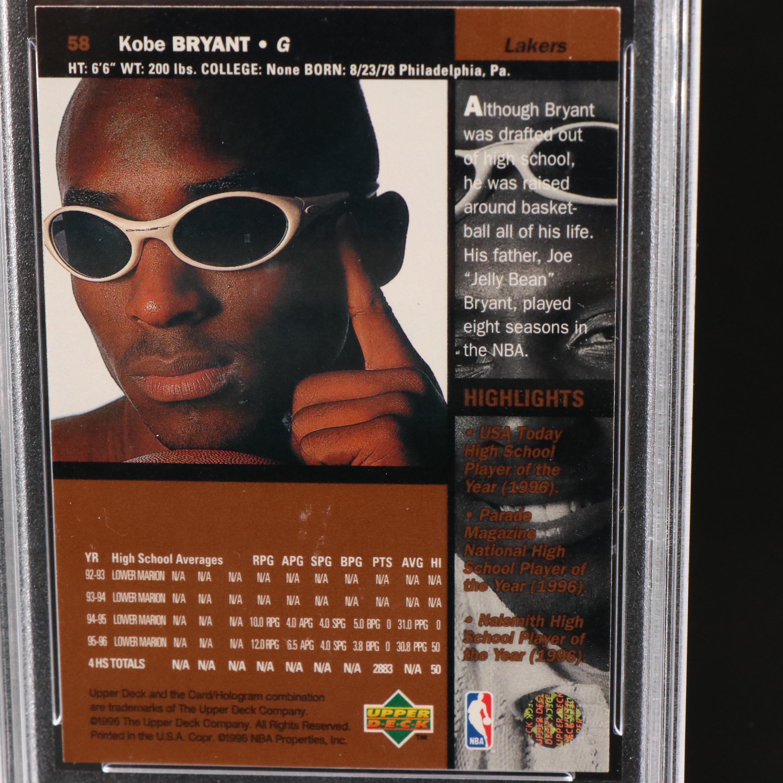 1996 Upper Deck Kobe Bryant Rookie Basketball Card Graded PSA 9