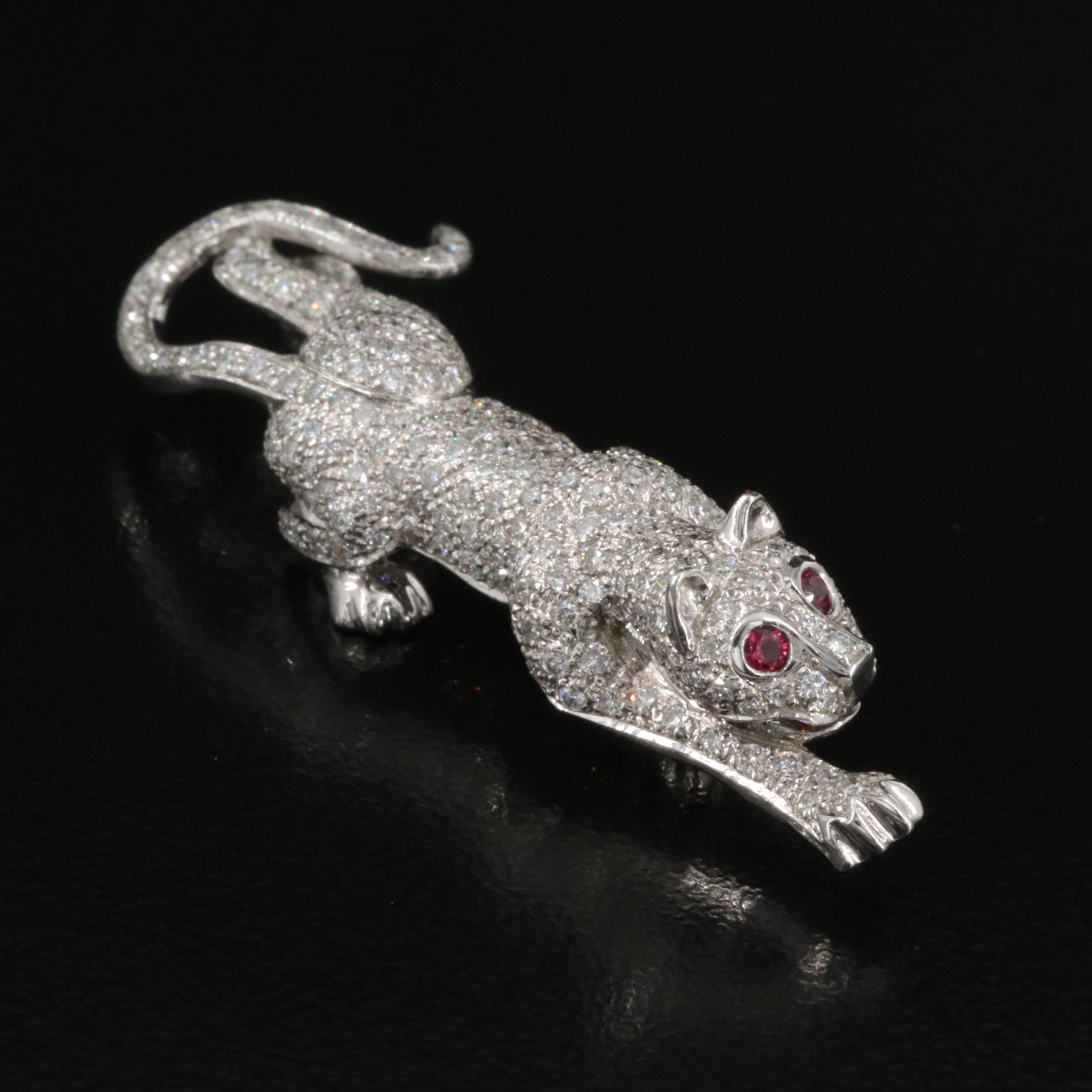14K 1.55 CTW Pavé Diamond and Ruby Panther Brooch