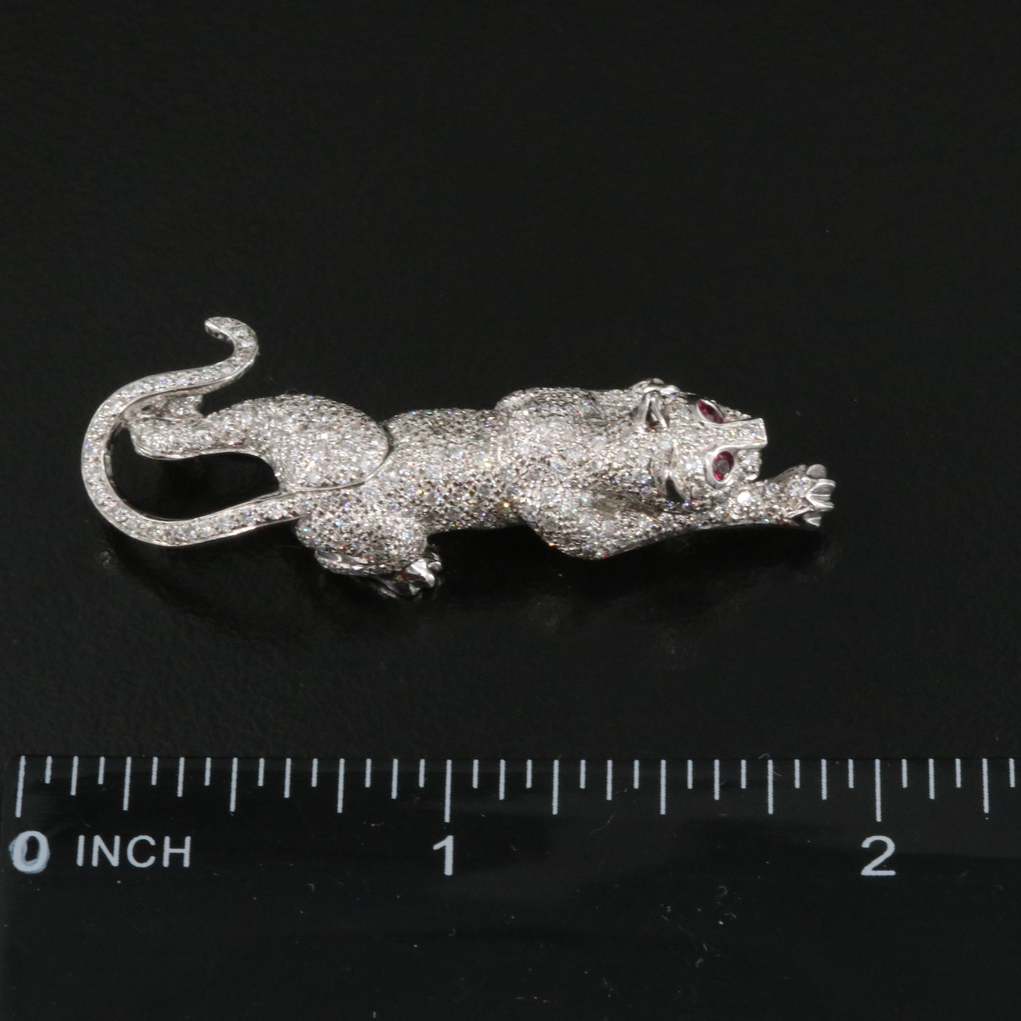 14K 1.55 CTW Pavé Diamond and Ruby Panther Brooch