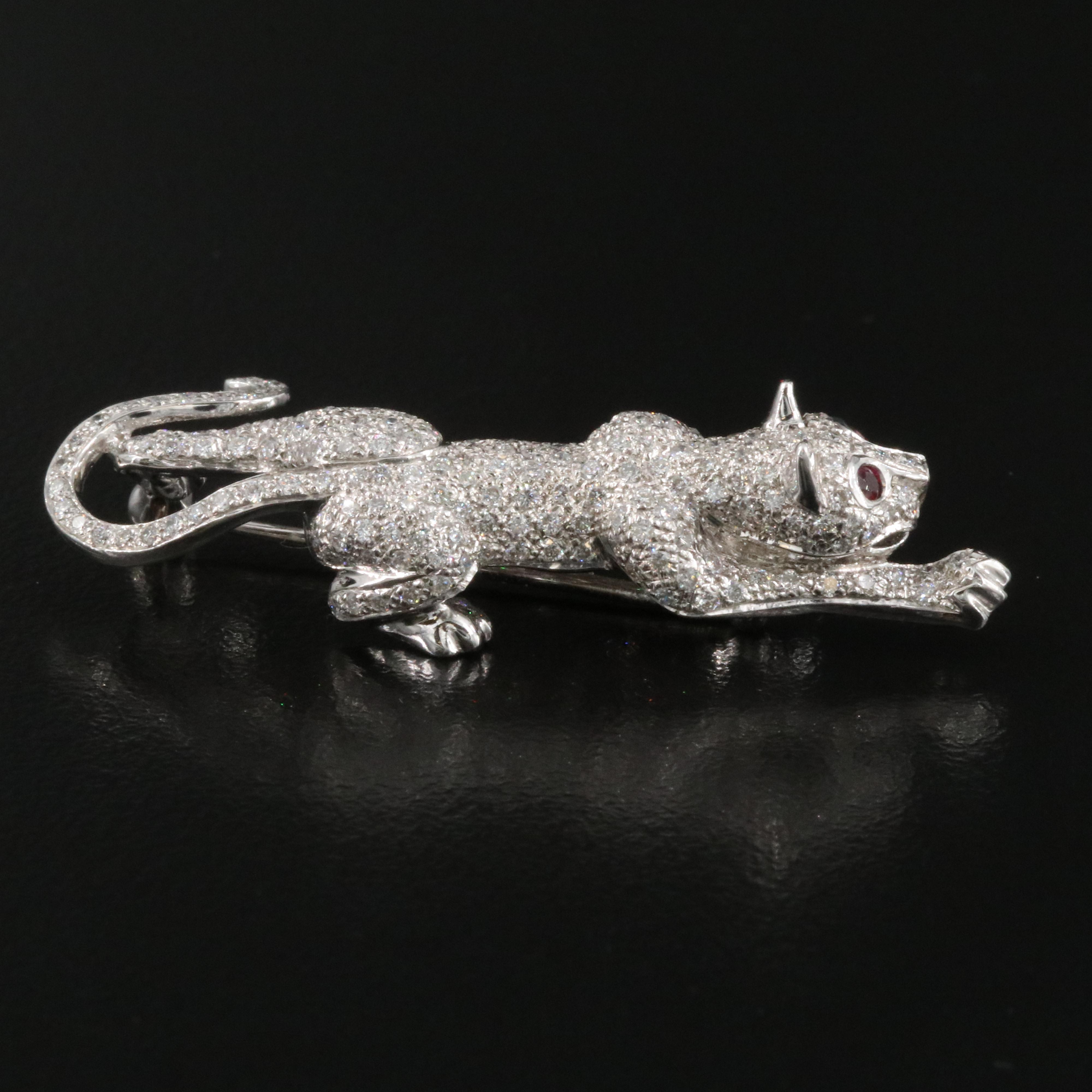 14K 1.55 CTW Pavé Diamond and Ruby Panther Brooch
