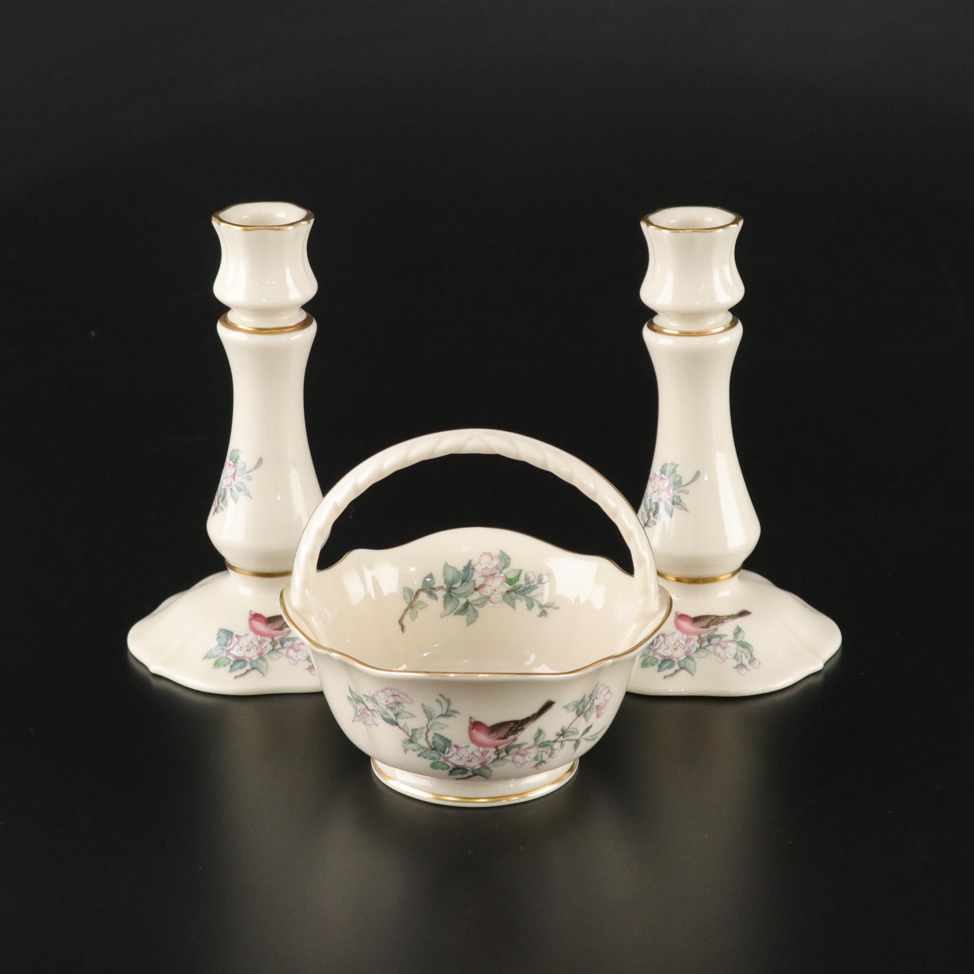 Lenox "Serenade" Porcelain Candle Holders & Basket