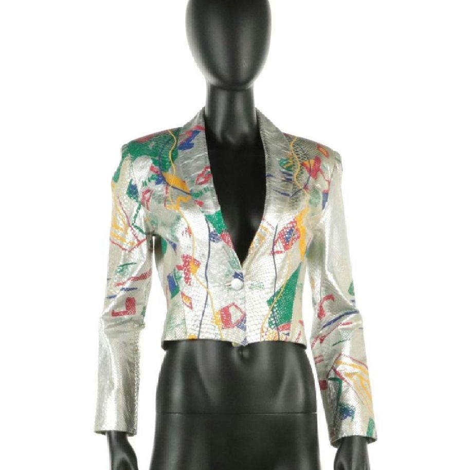Carlo Fiori Vintage Abstract-Painted Metallic Snakeskin Leather Jacket and Belt