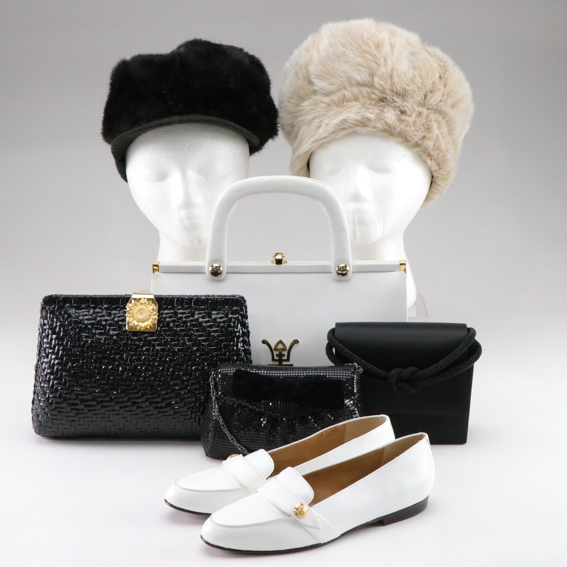 Etienne Aigner White Faith Loafers, Faux Fur Hats & Set of Evening Bags