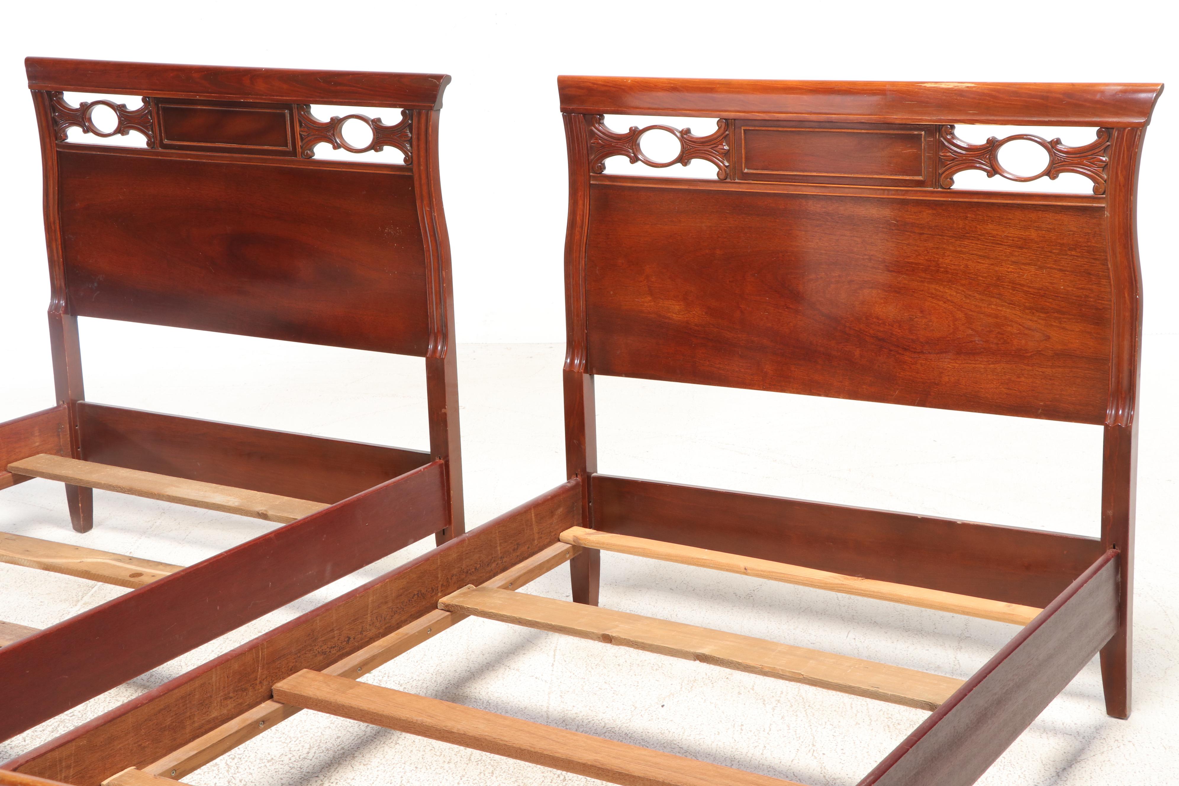 Pair of Mahogany Twin Sleigh Beds Frames, Early to Mid-20th Century