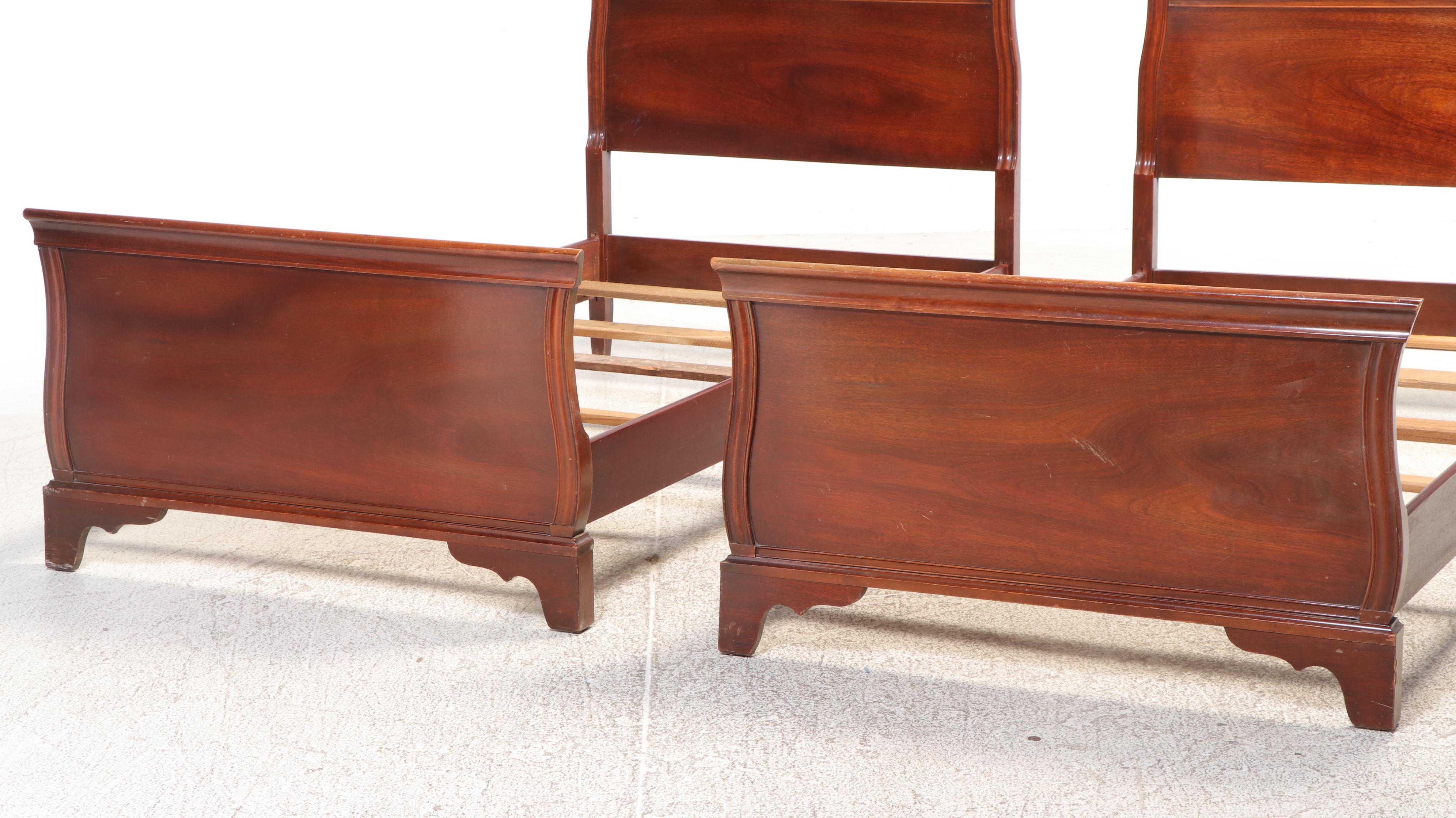 Pair of Mahogany Twin Sleigh Beds Frames, Early to Mid-20th Century