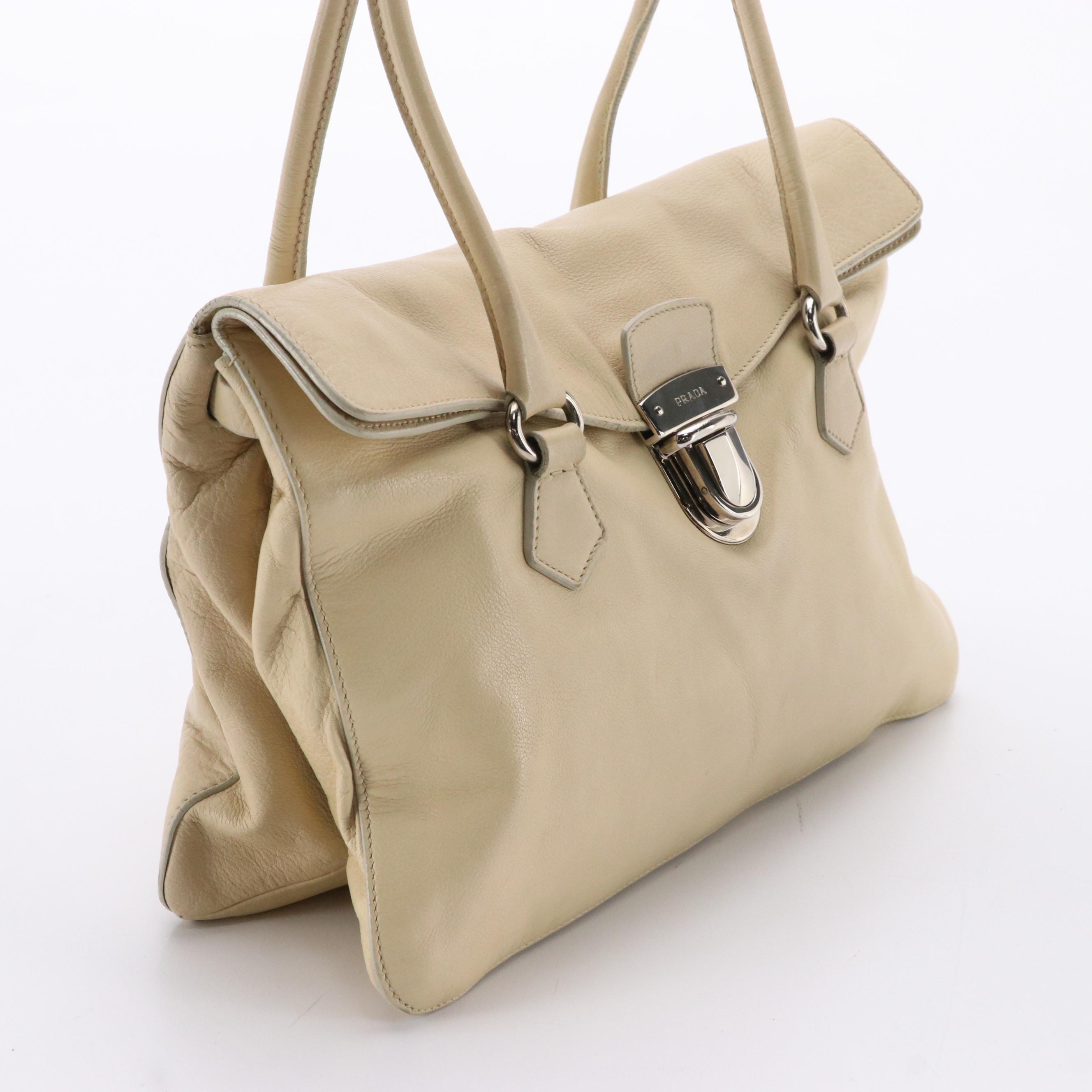 Prada Easy Fold-Over Shoulder Bag in Beige Calfskin Leather