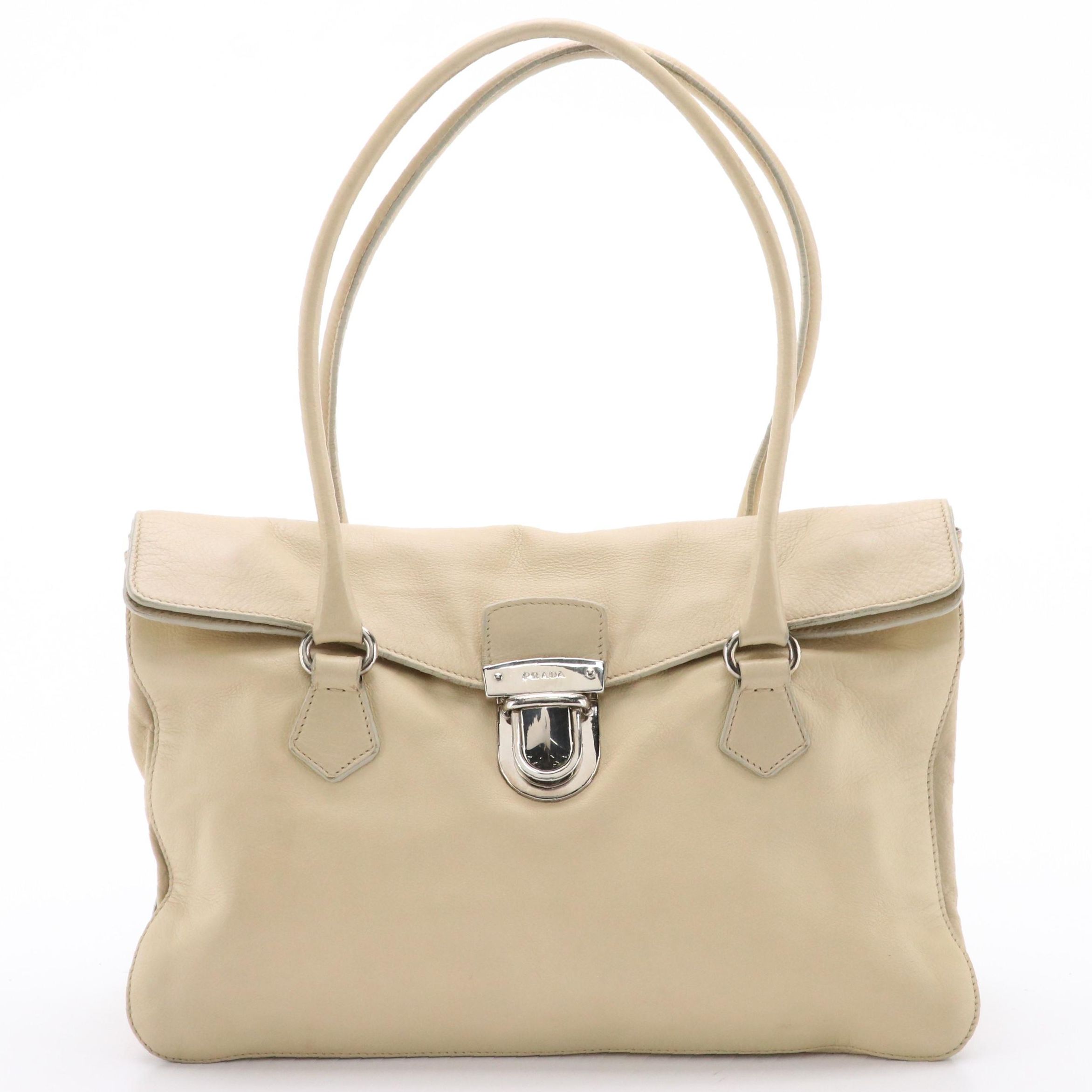 Prada Easy Fold-Over Shoulder Bag in Beige Calfskin Leather