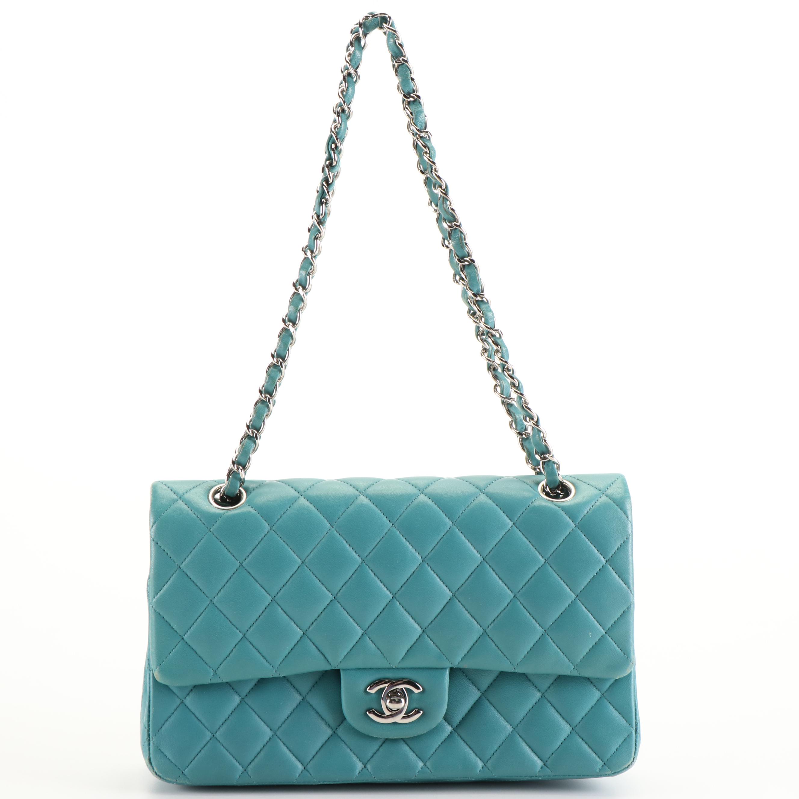 Chanel CC Double Flap Bag in Blue Quilted Diamond Sheepskin Leather