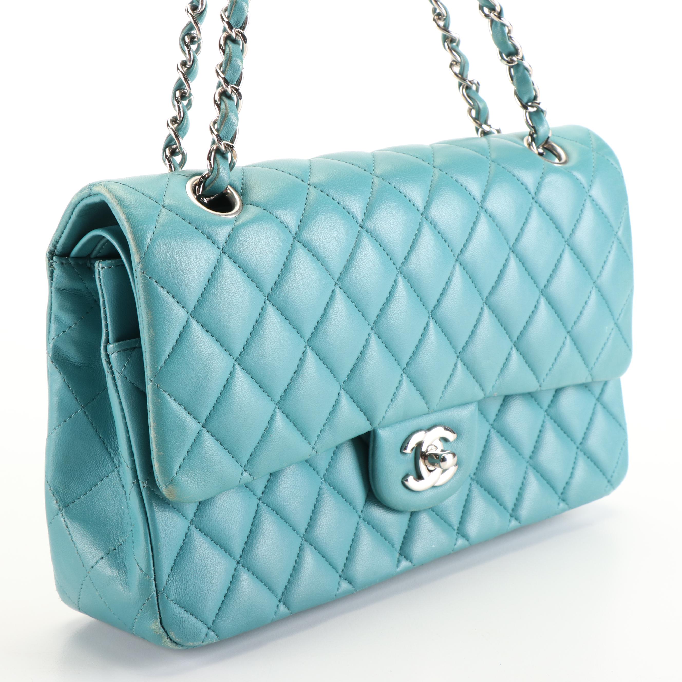 Chanel CC Double Flap Bag in Blue Quilted Diamond Sheepskin Leather