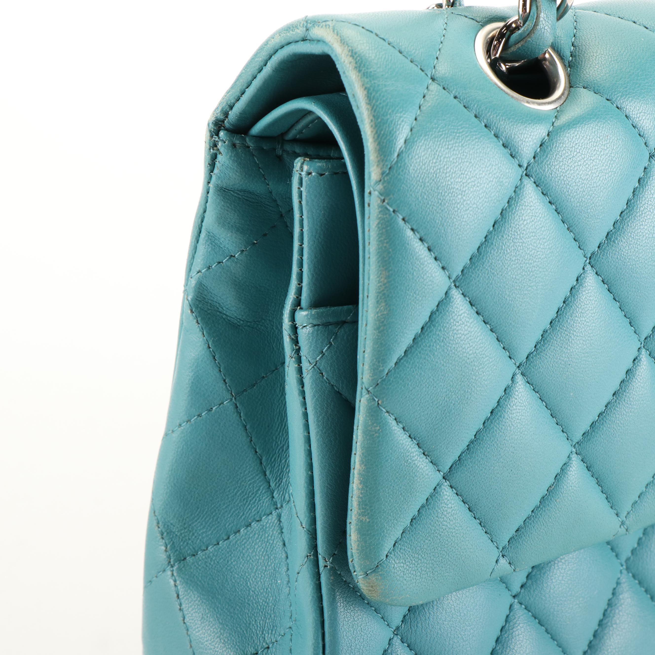 Chanel CC Double Flap Bag in Blue Quilted Diamond Sheepskin Leather