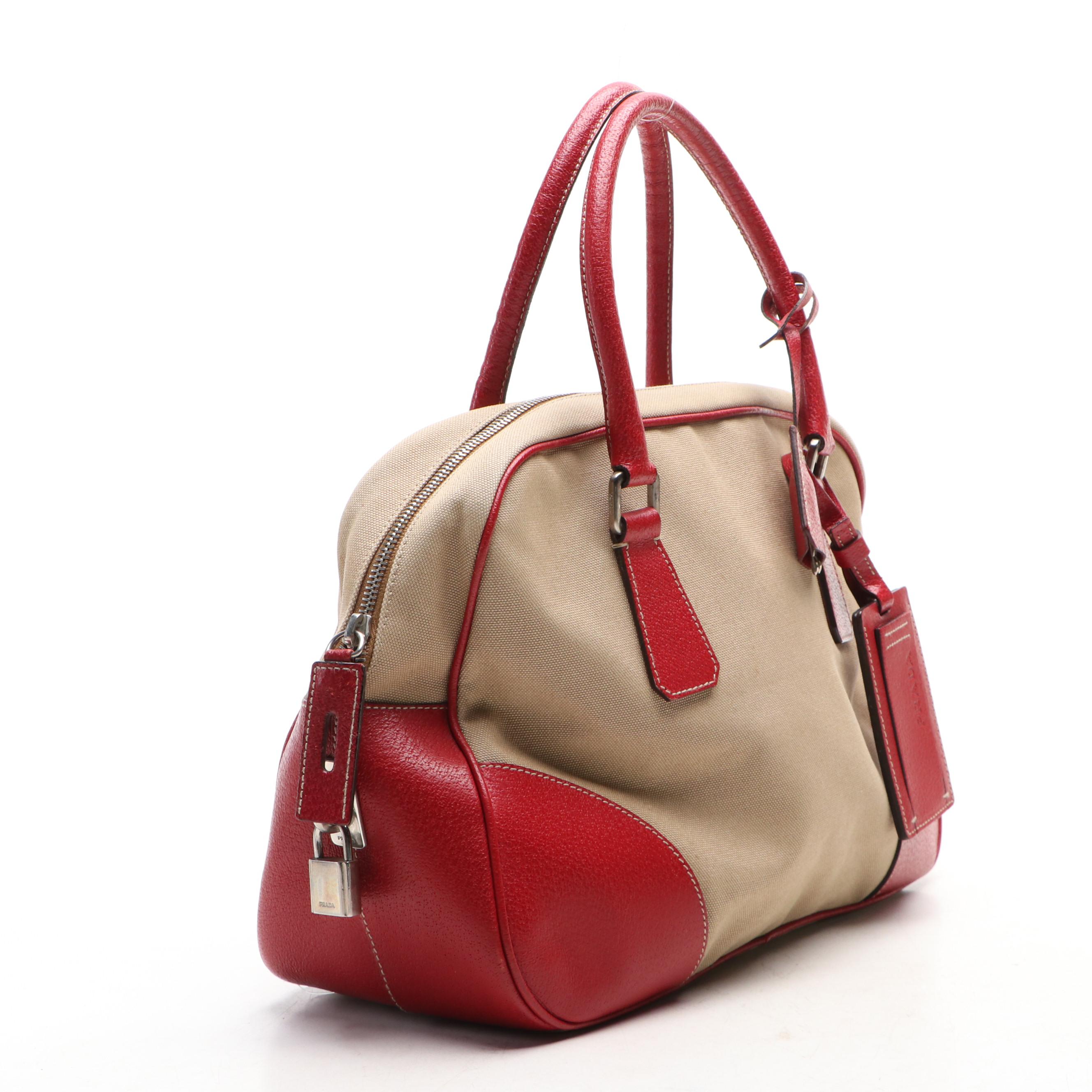 Prada Bowler Bag in Red Cinghiale-Trimmed Canapa