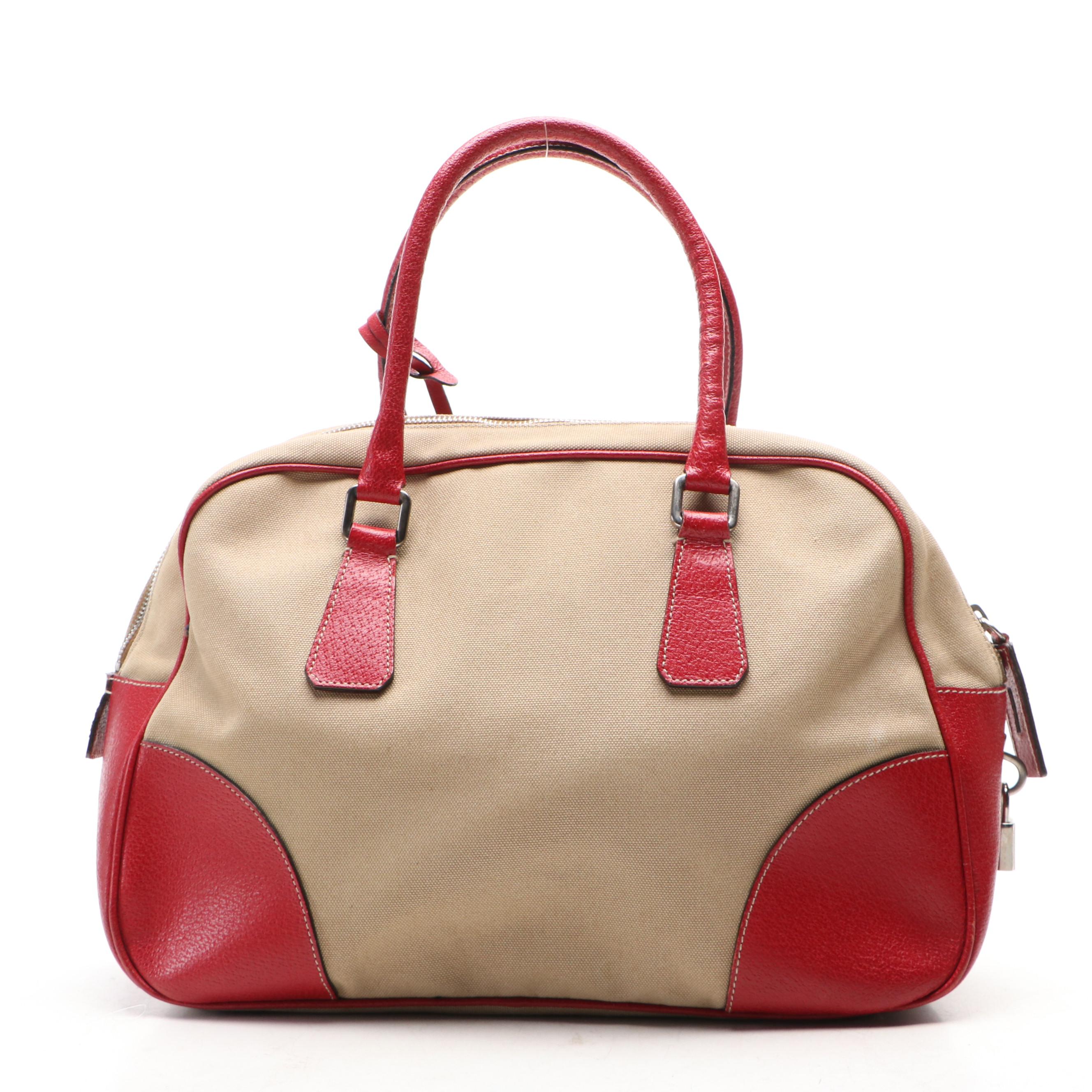 Prada Bowler Bag in Red Cinghiale-Trimmed Canapa