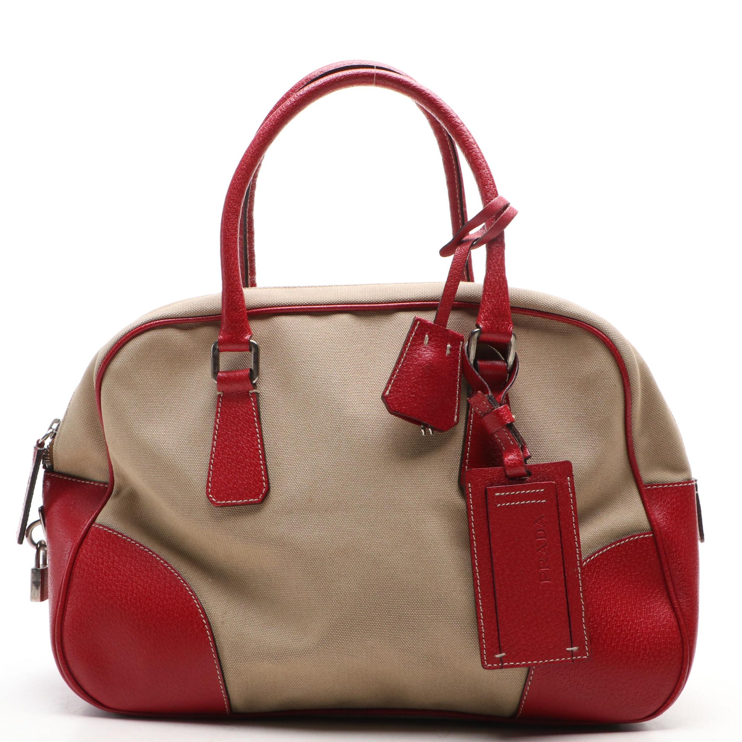 Prada Bowler Bag in Red Cinghiale-Trimmed Canapa