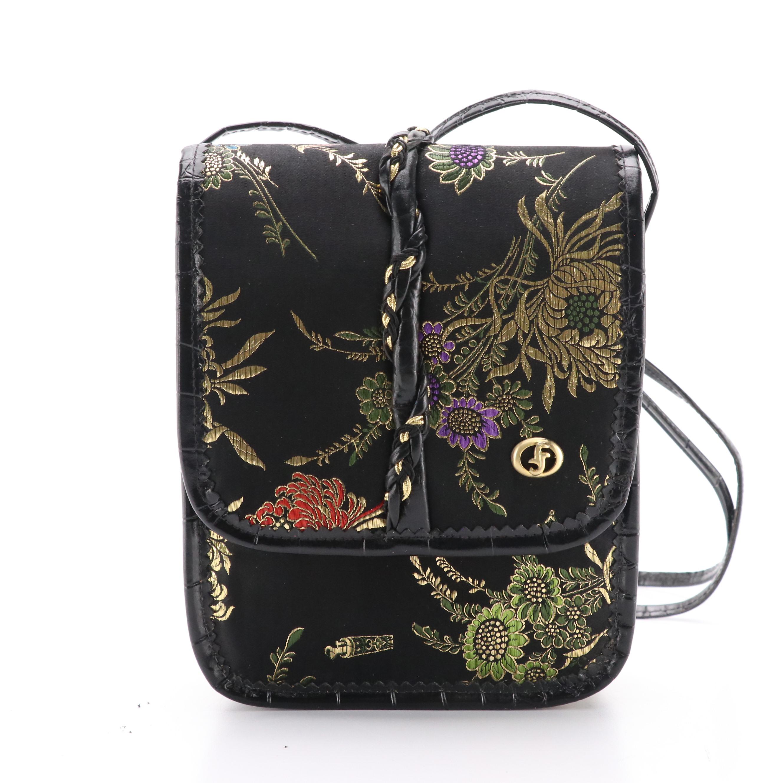 Carlo Fiori Silk Brocade Front Flap Crossody Bag with Black Velvet Pumps