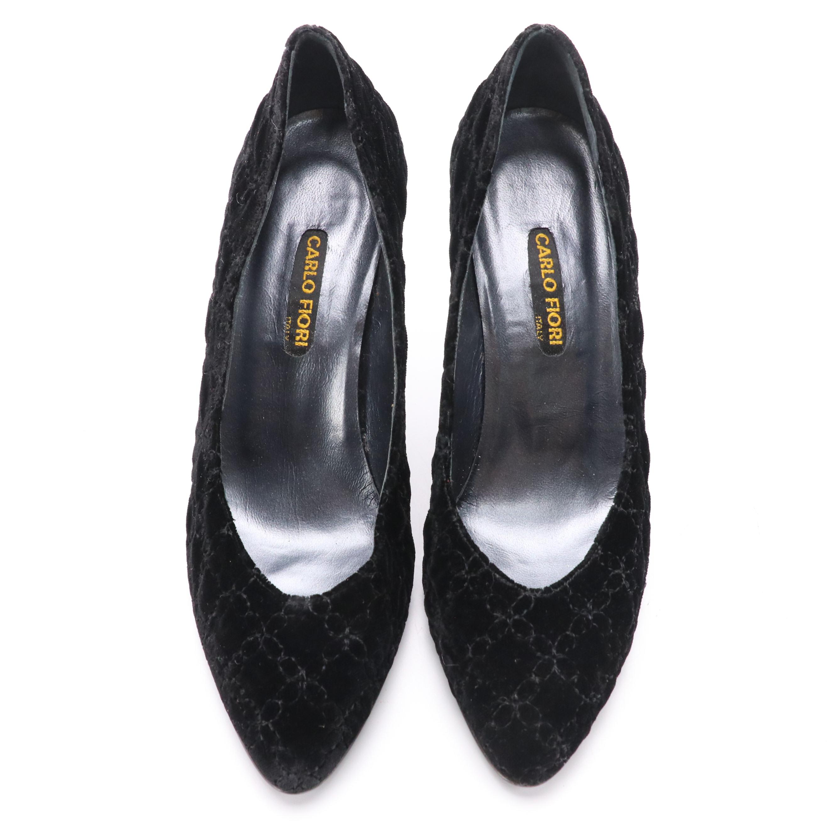 Carlo Fiori Silk Brocade Front Flap Crossody Bag with Black Velvet Pumps